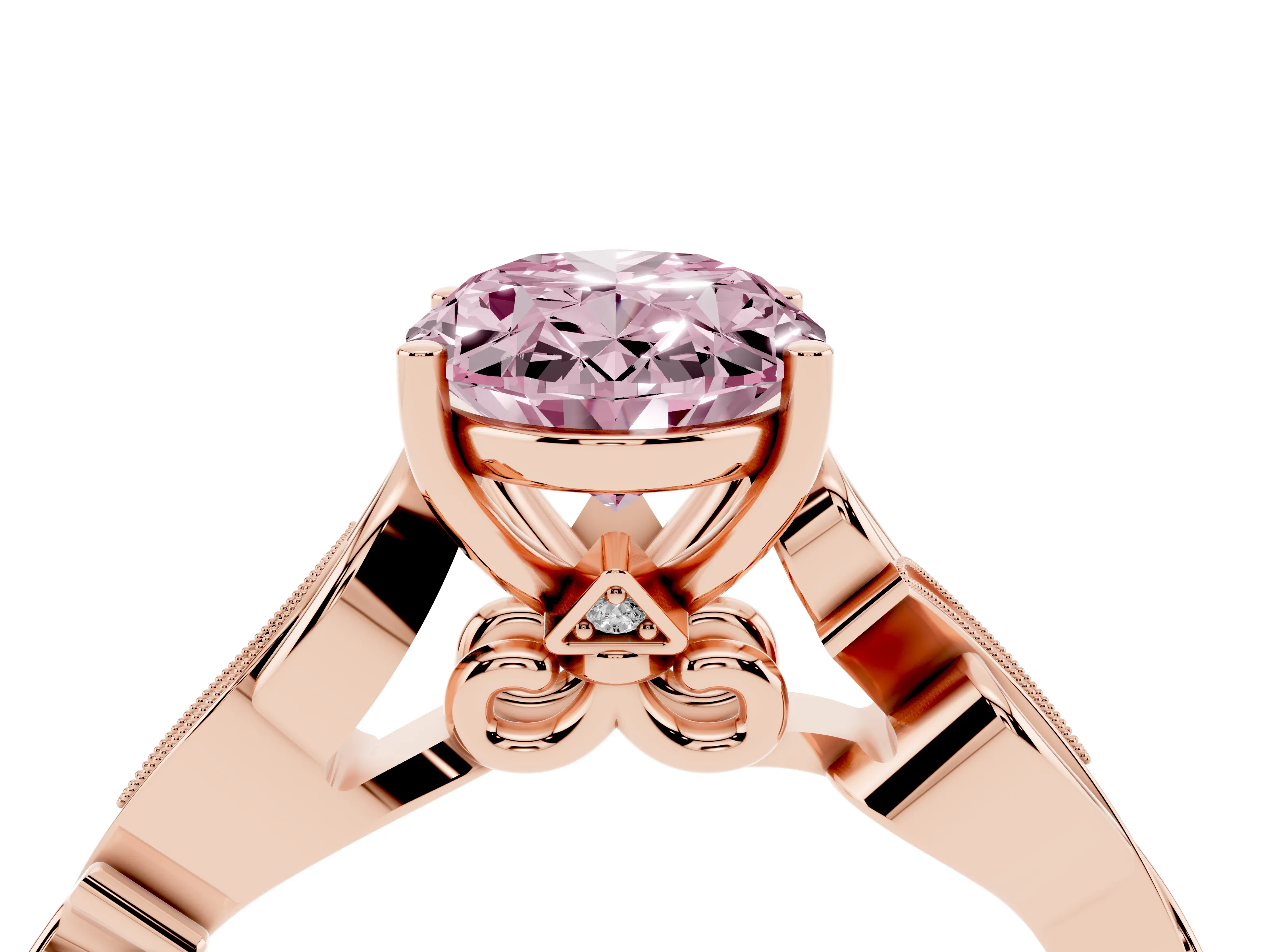 Fancy Pink Oval Cut Diamond Vine Band Solitaire Ring Set in Rose gold with Milgrain Prong Setting