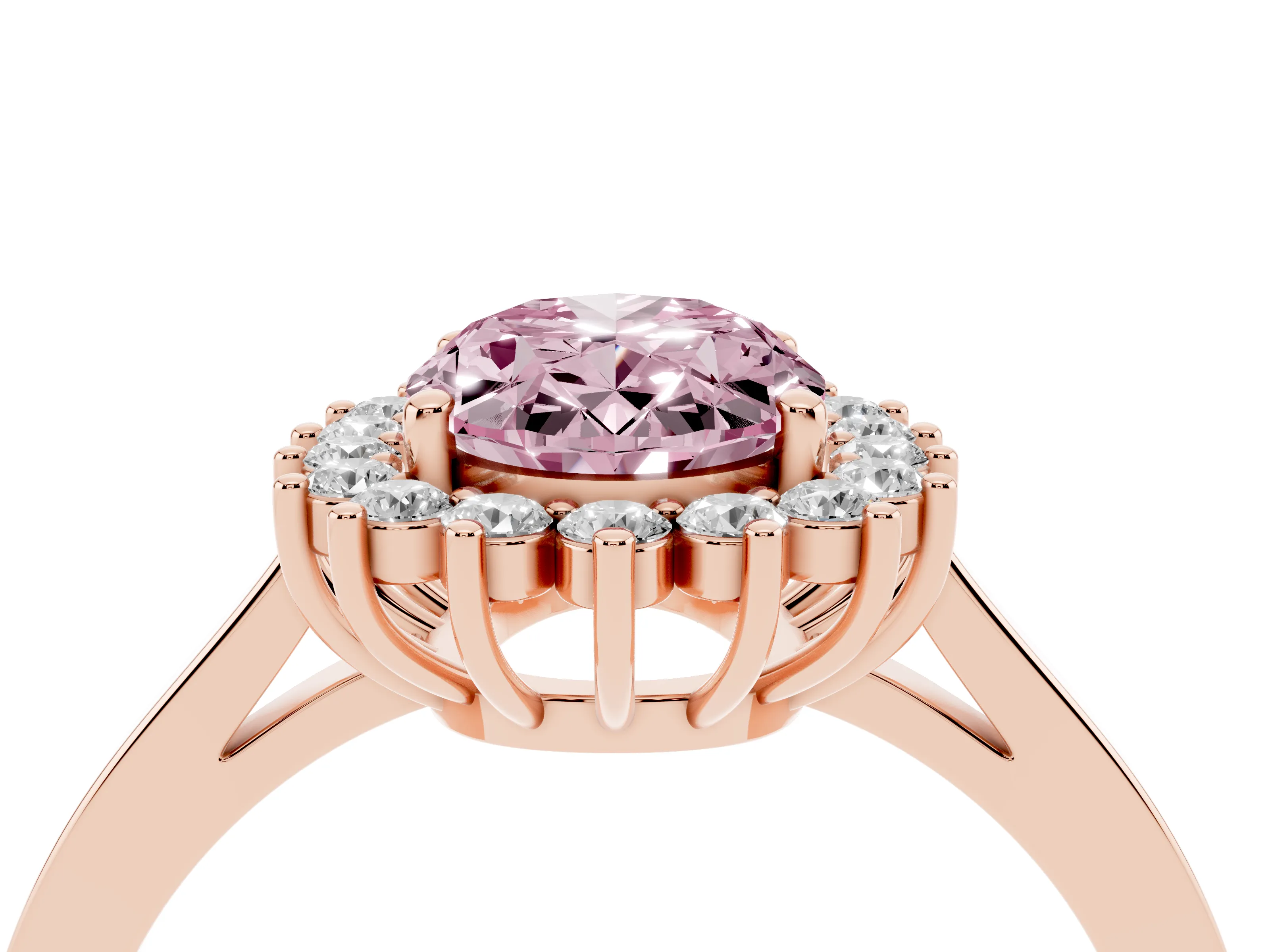 Fancy Pink Oval Cut Diamond Halo Ring Set in Rose gold with Round Halo and Smooth Solitaire Band