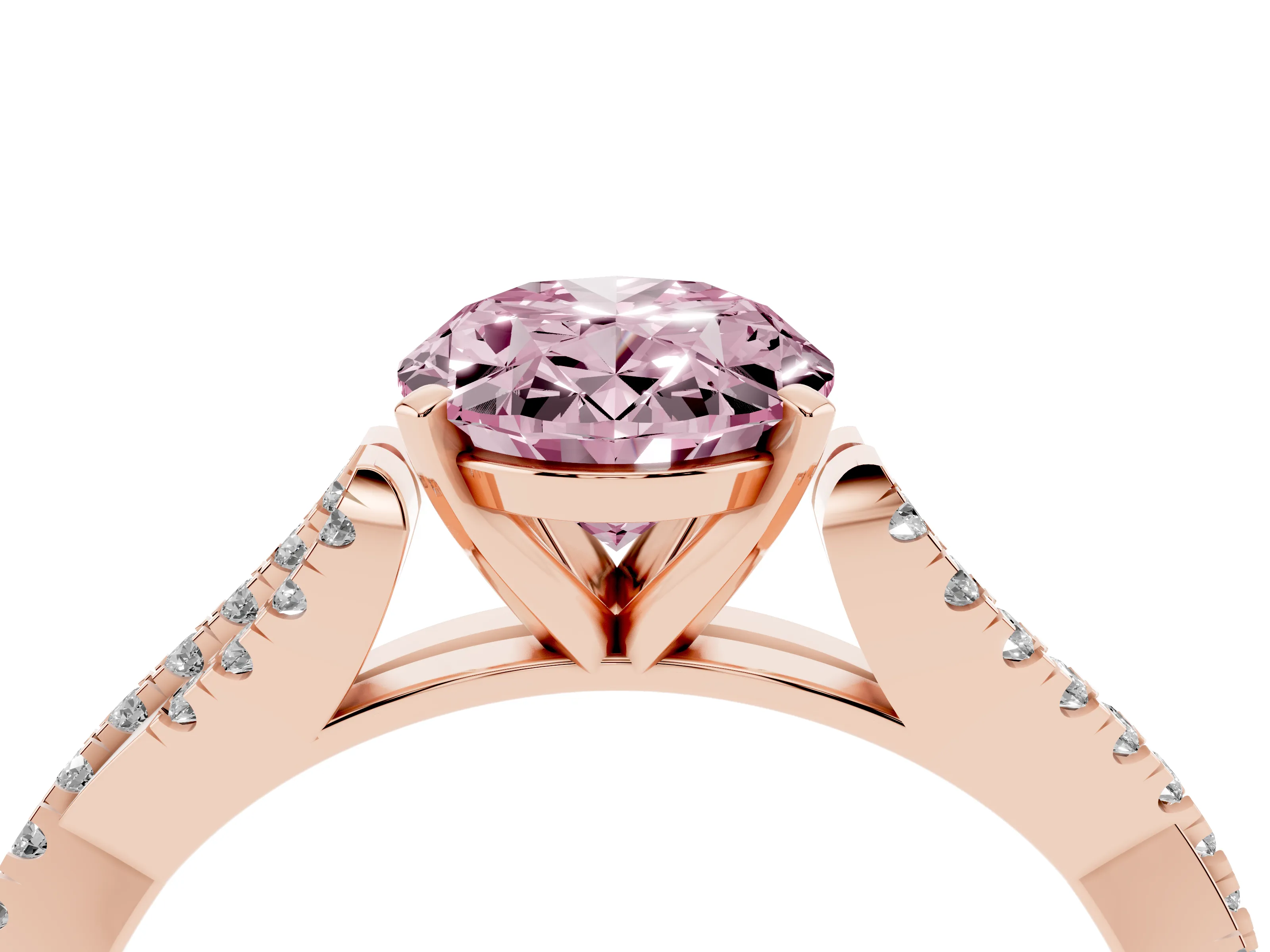 Fancy Pink Oval Cut Diamond Solitaire Engagement Ring Set in Rose gold with Twisted Pavé Band and Prong Setting