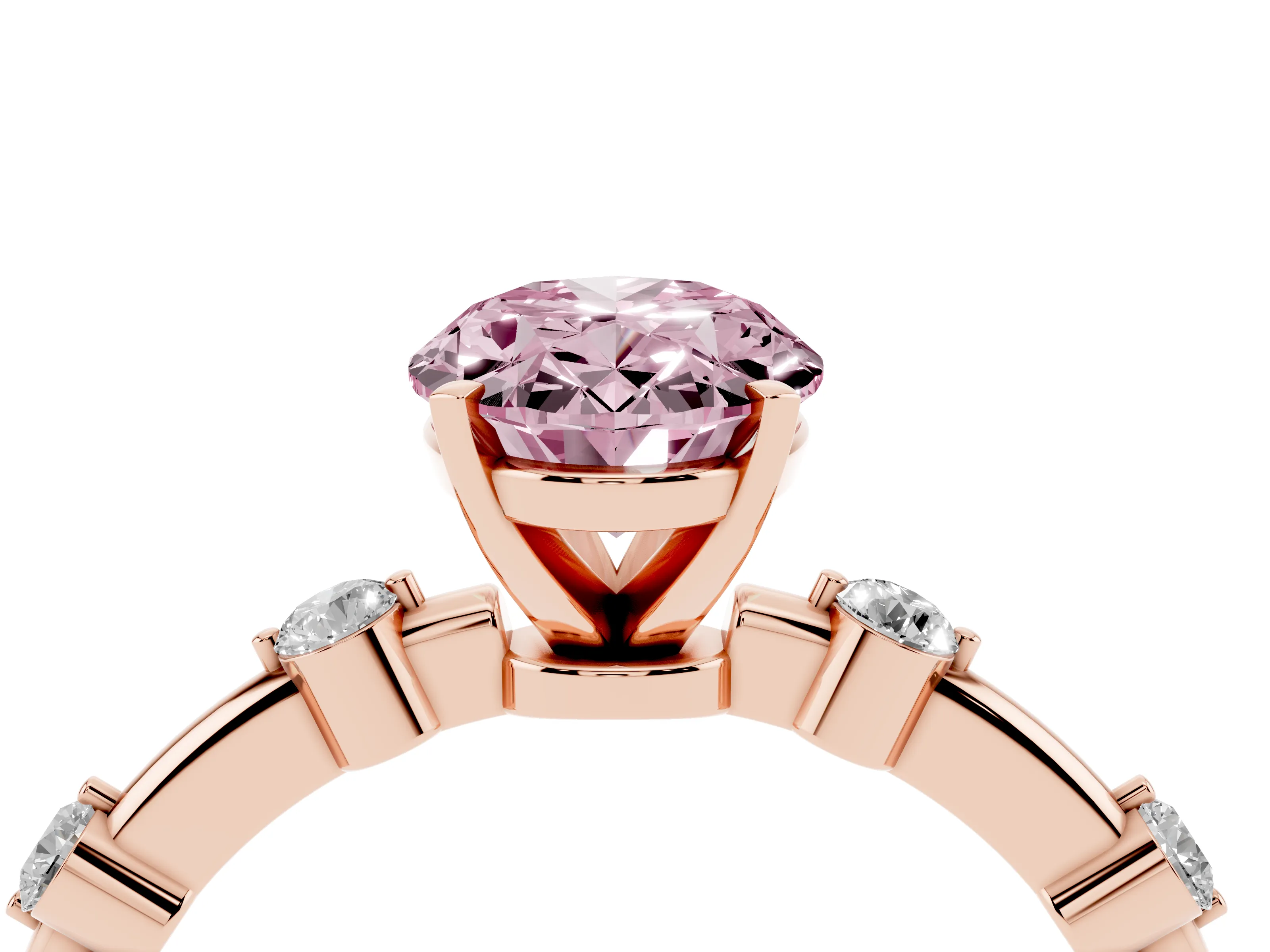 Fancy Pink Oval Cut Diamond Solitaire Ring Set in Rose gold with Bezel Set Side Stones and Prong Setting