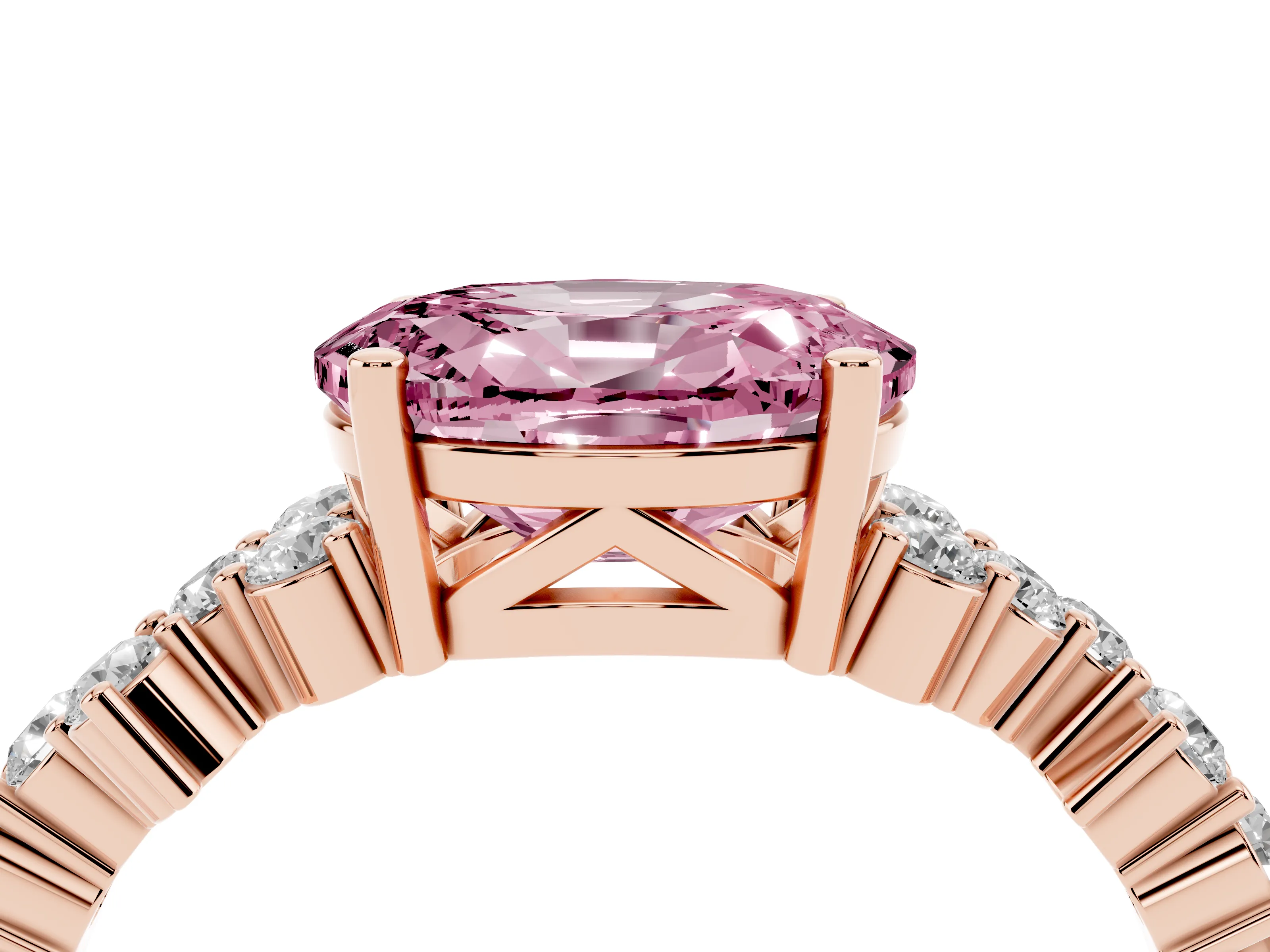Fancy Pink Oval Cut Diamond Ring Set in Rose gold with Scattered Round Accents