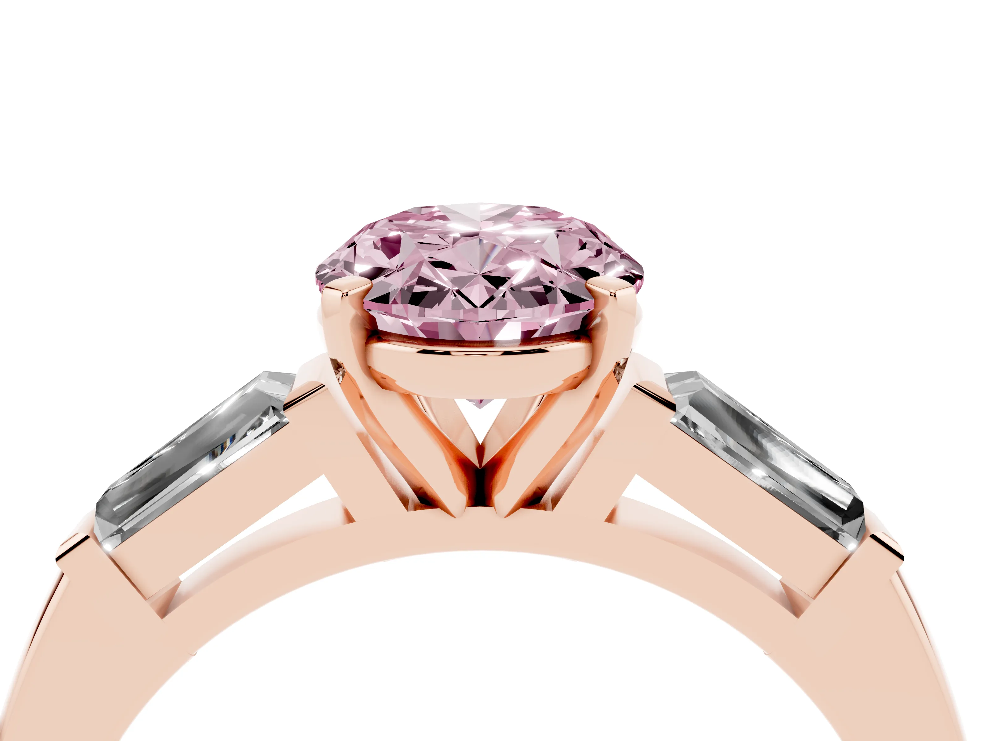 Fancy Pink Oval Cut Diamond Solitaire Ring Set in Rose gold with Tapered Baguette Side Stones and Prong Setting