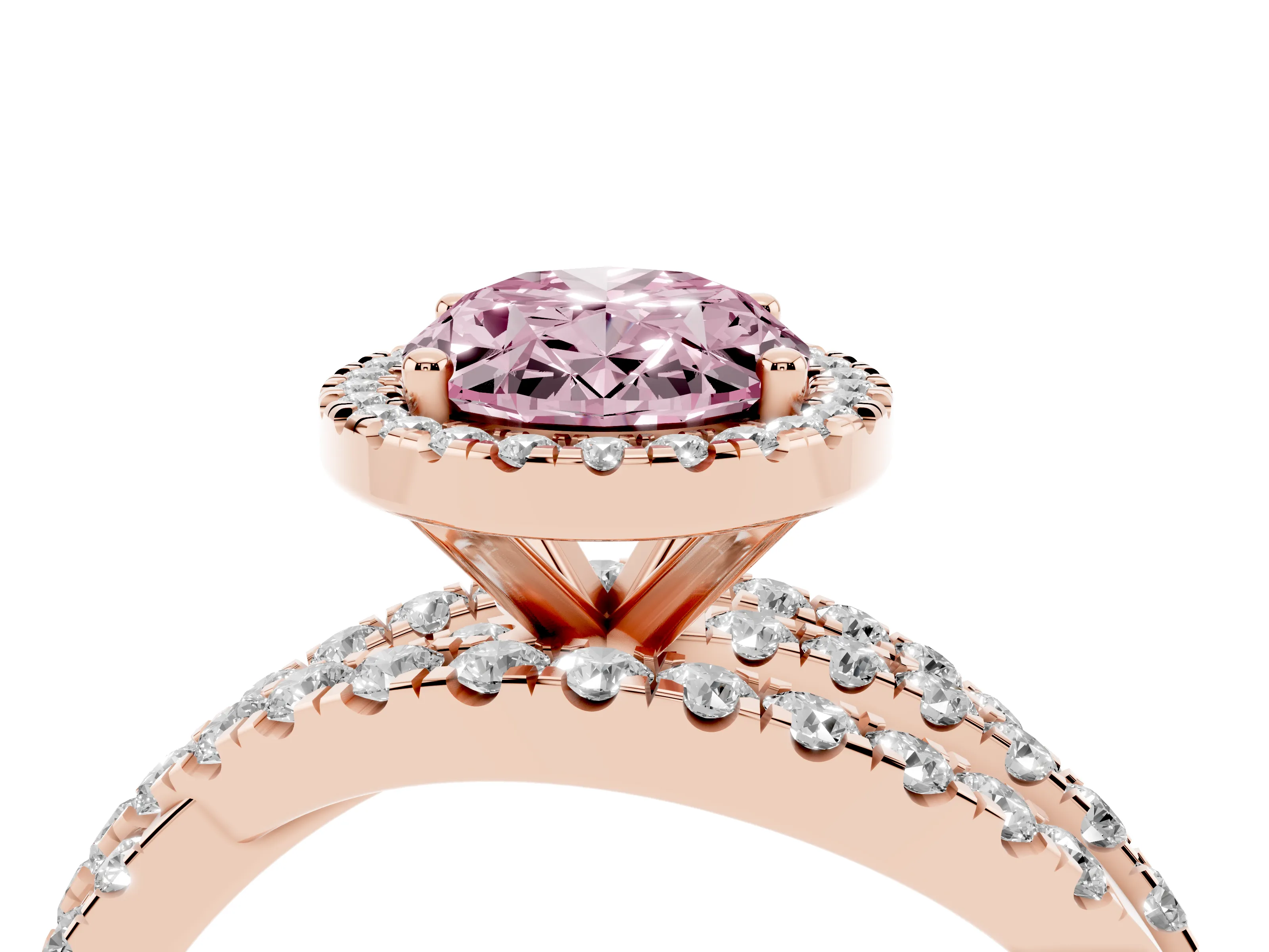 Fancy Pink Oval Cut Diamond Halo Ring Set in Rose gold with Round Crossover Split Shank and Prong Setting