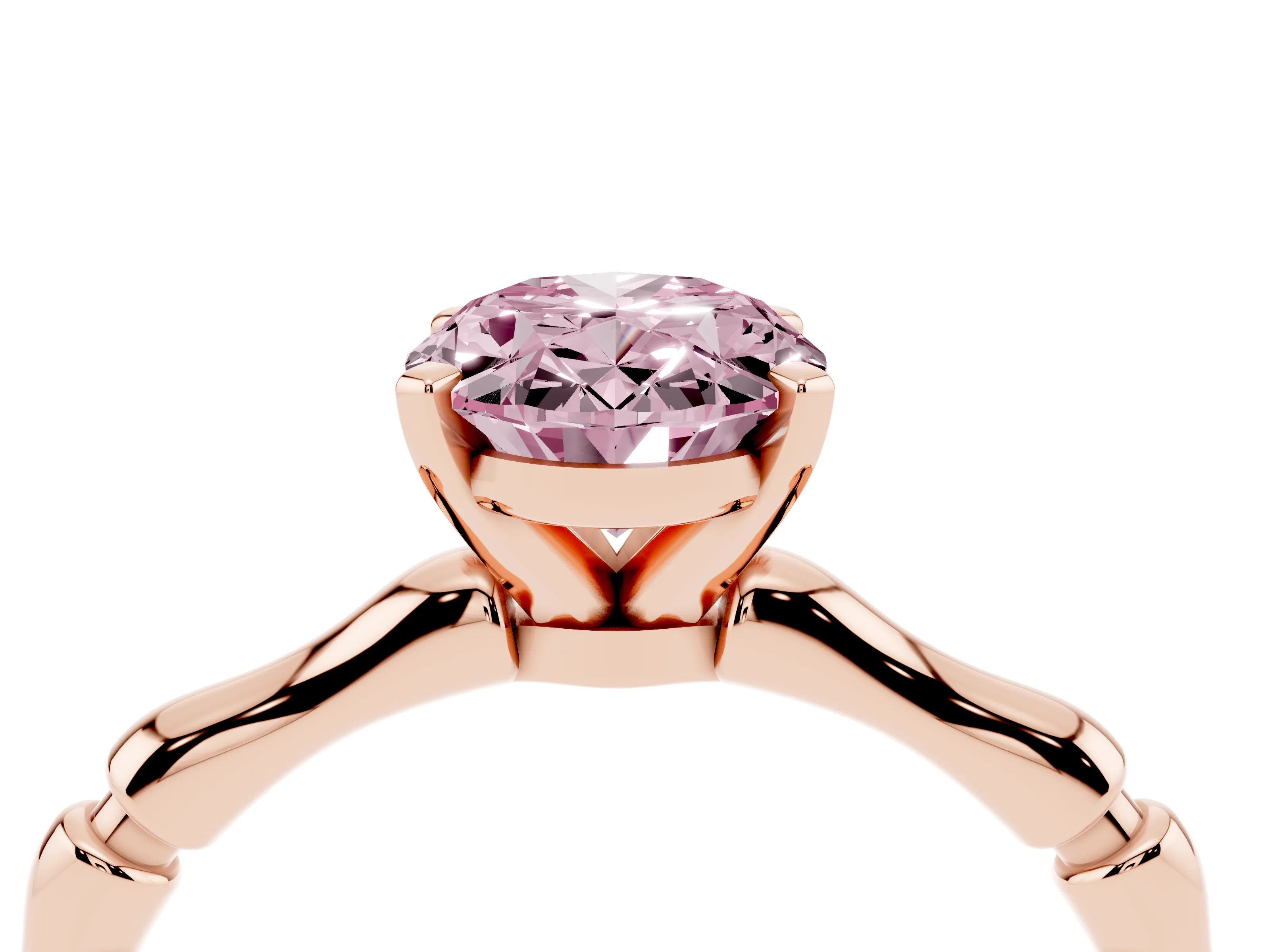 Fancy Pink Oval Cut Diamond Solitaire Ring Set in Rose gold with Bamboo Band and Prong Setting