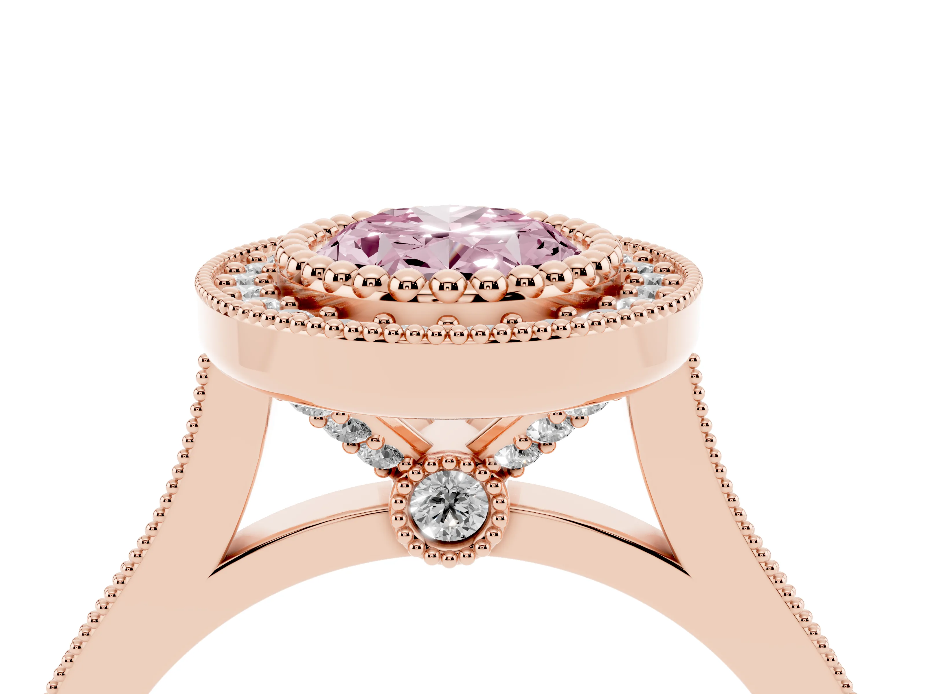 Fancy Pink Oval Cut Diamond Halo Ring Set in Rose gold with Milgrain Frame and Pavé Band