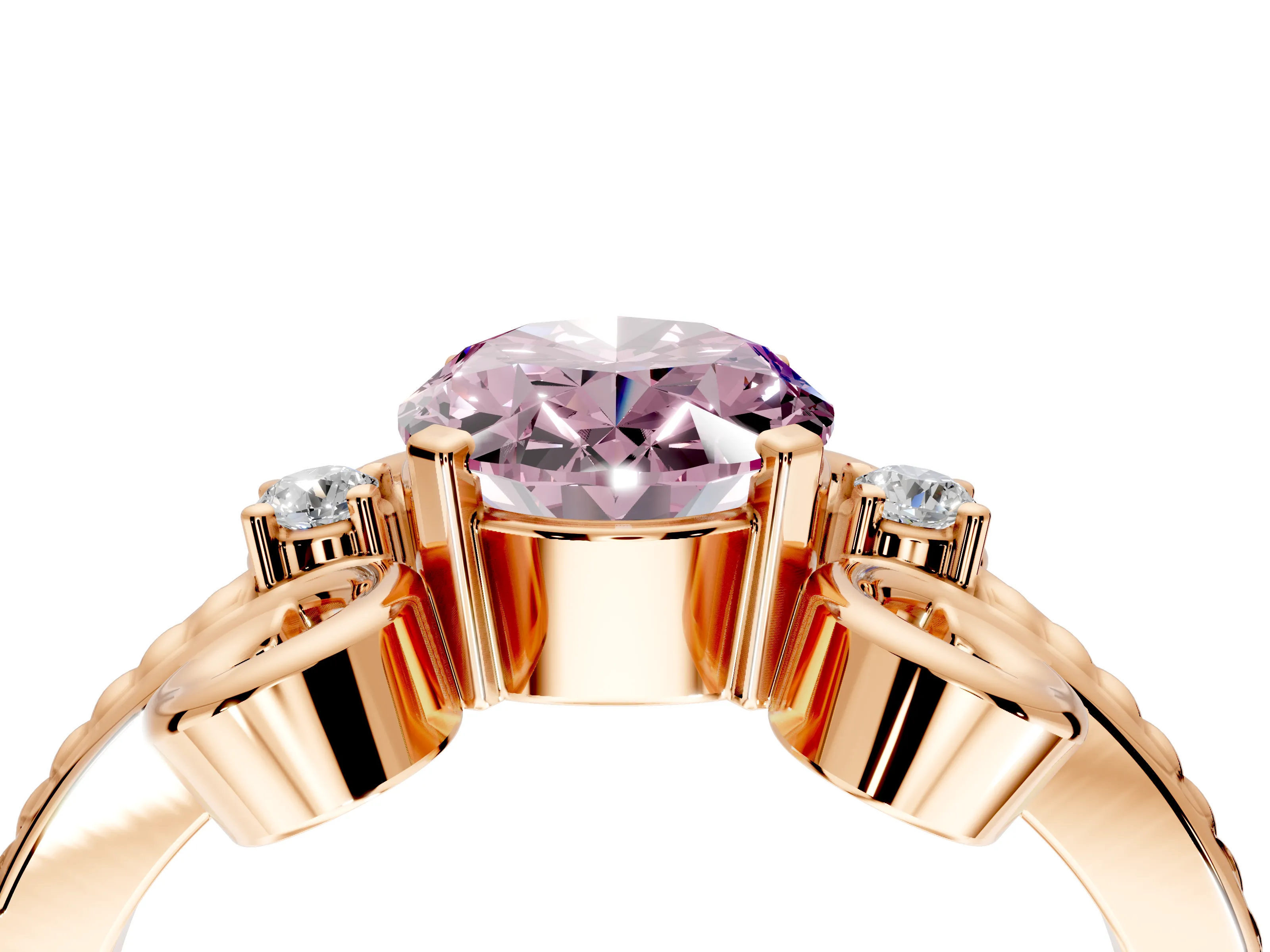Solitaire Engagement Ring Setting for Fancy Pink Oval Center with Twisted Band and Scroll Prong Head in Rose Gold