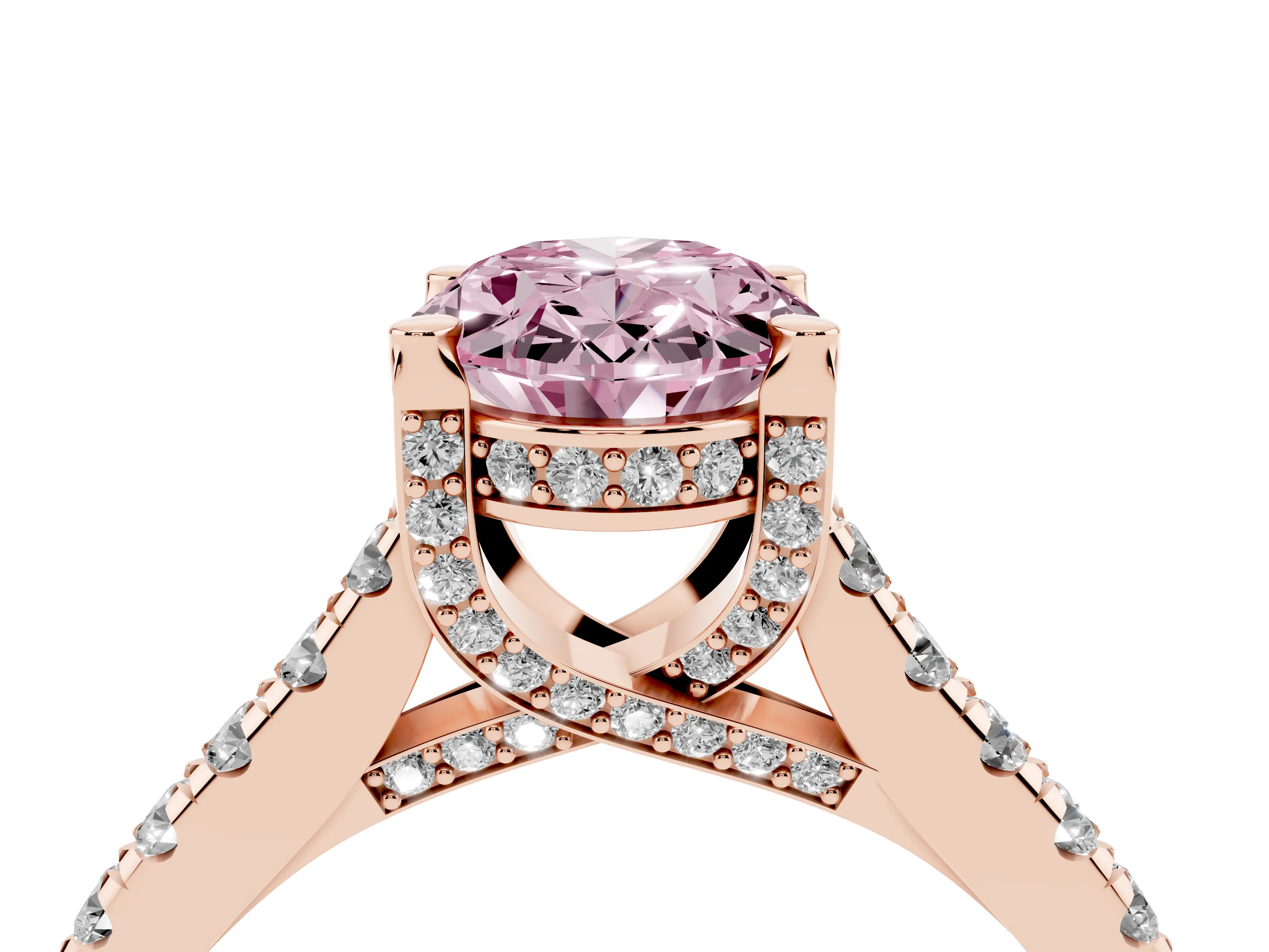 Fancy Pink Oval Cut Diamond Solitaire Ring Set in Rose gold with Brilliant Pavé Band and Prong Setting