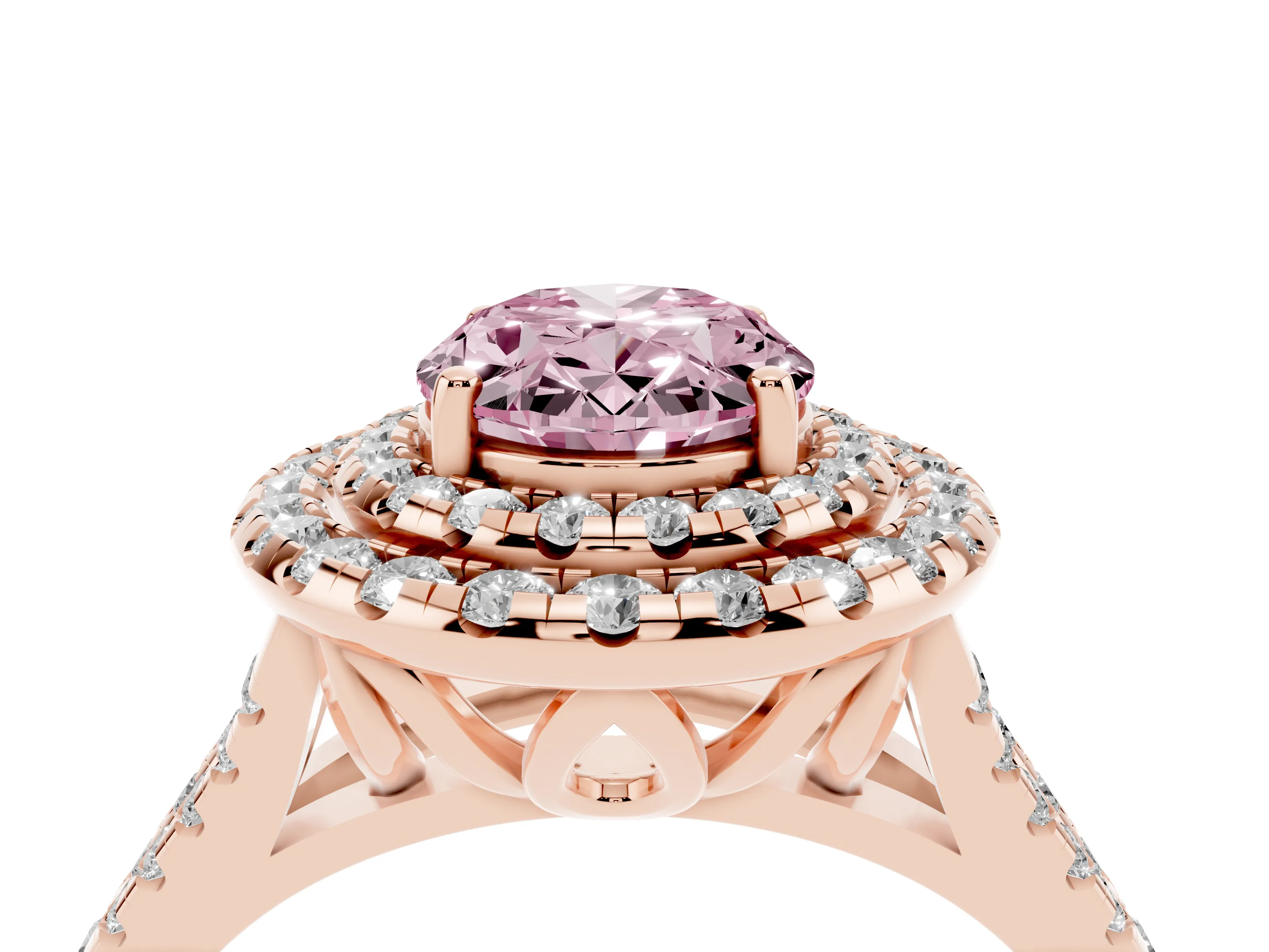 Fancy Pink Oval Cut Diamond Double Halo Ring Set in Rose gold with Pavé Split Shank and Prong Setting