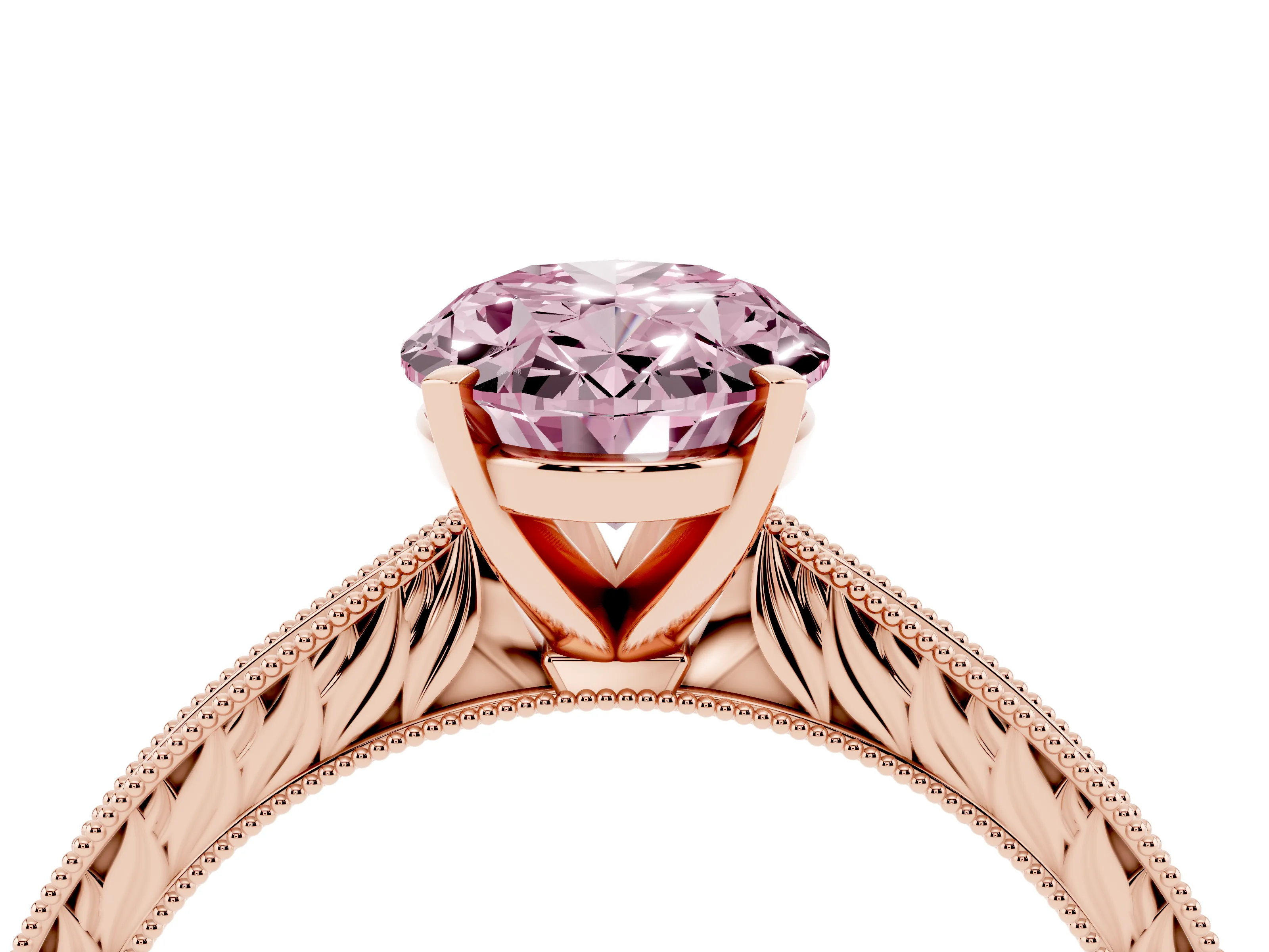 Fancy Pink Oval Cut Diamond Solitaire Milgrain Engraved Band Set in Rose gold with Prong Setting