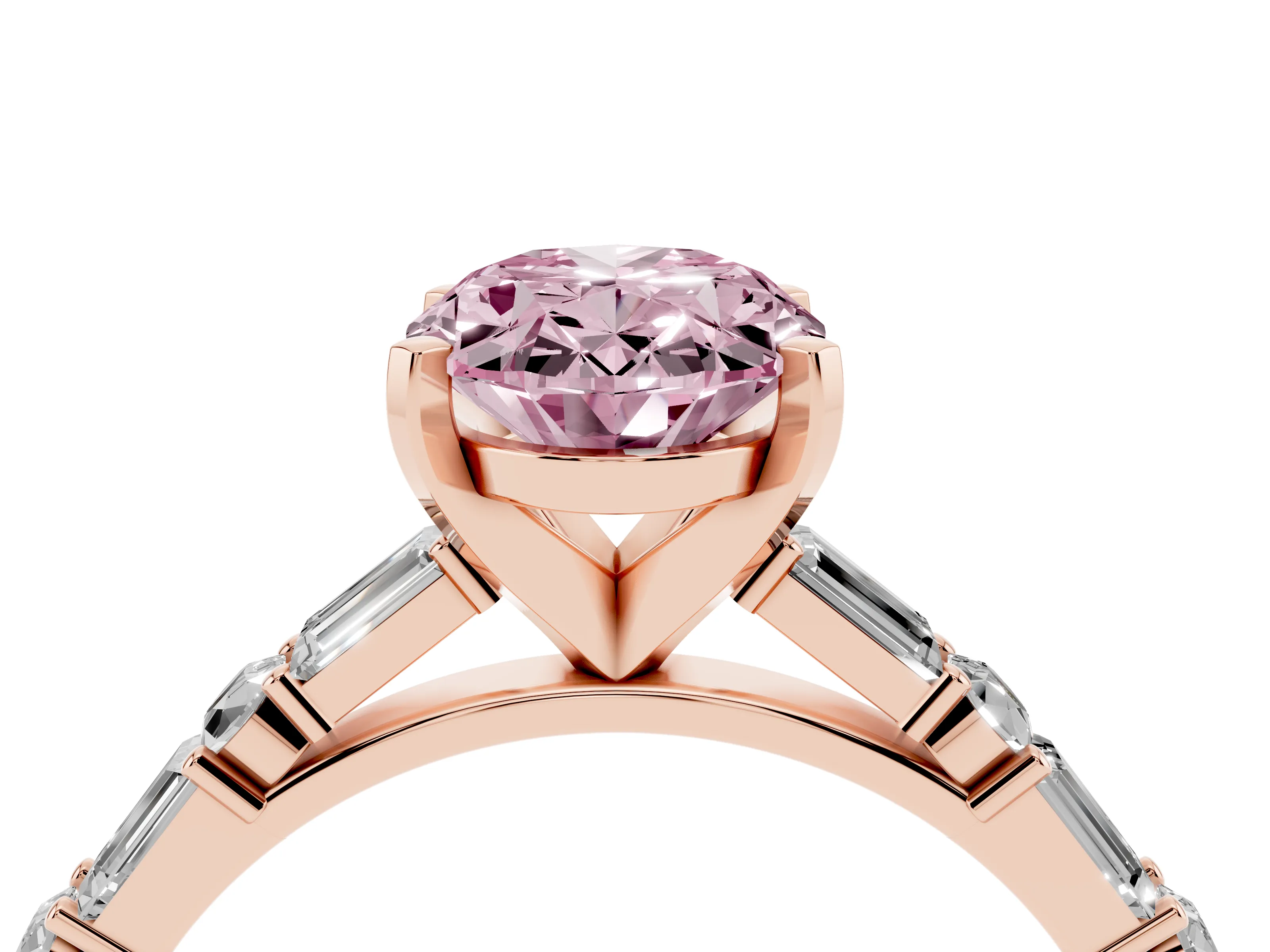 Fancy Pink Oval Cut Diamond Solitaire Set in Rose gold with Side Baguettes and Channel Set Band