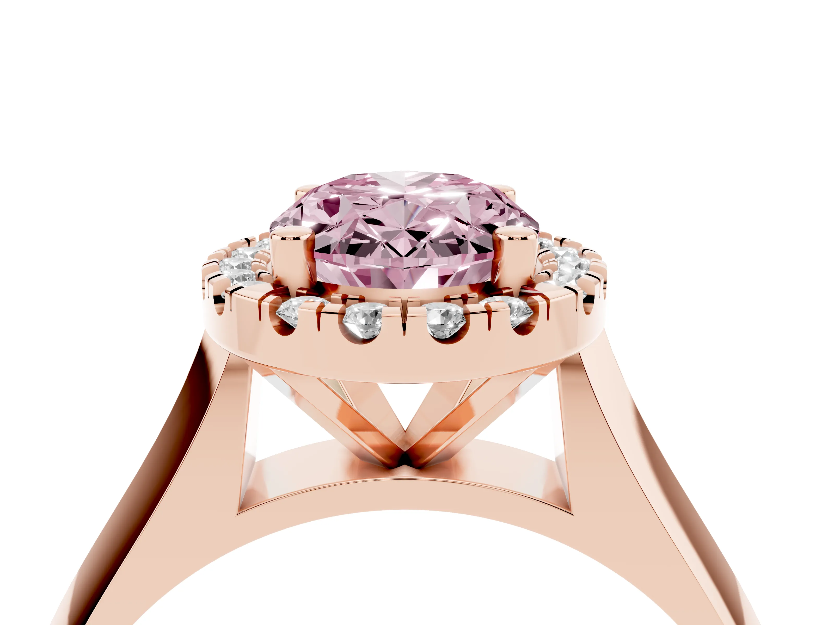 Fancy Pink Oval Cut Diamond Halo Solitaire Engagement Ring Set in Rose gold with Square Band and Prong Setting