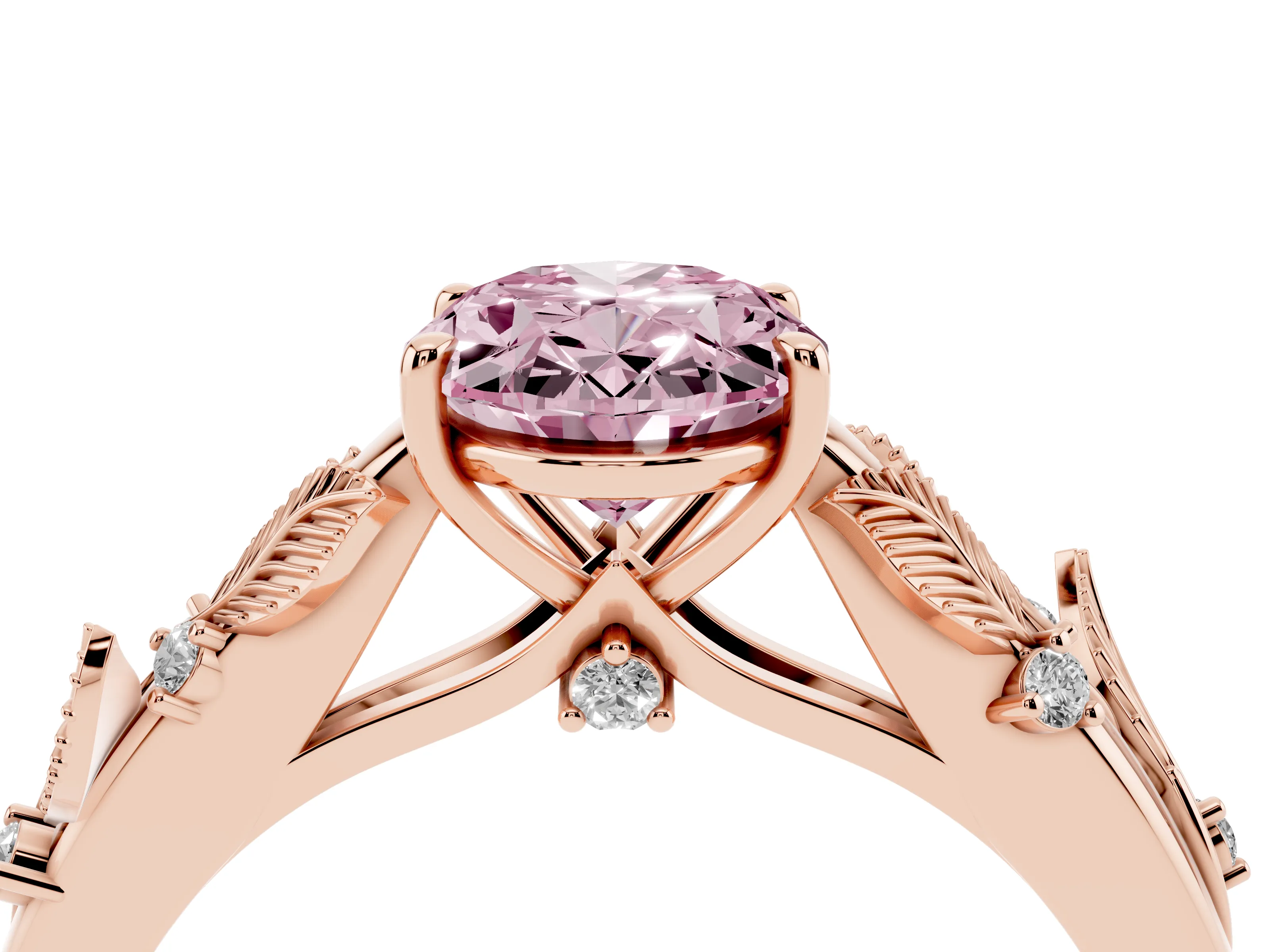 Fancy Pink Oval Cut Diamond Solitaire Ring Set in Rose gold with Leaf Motif Band