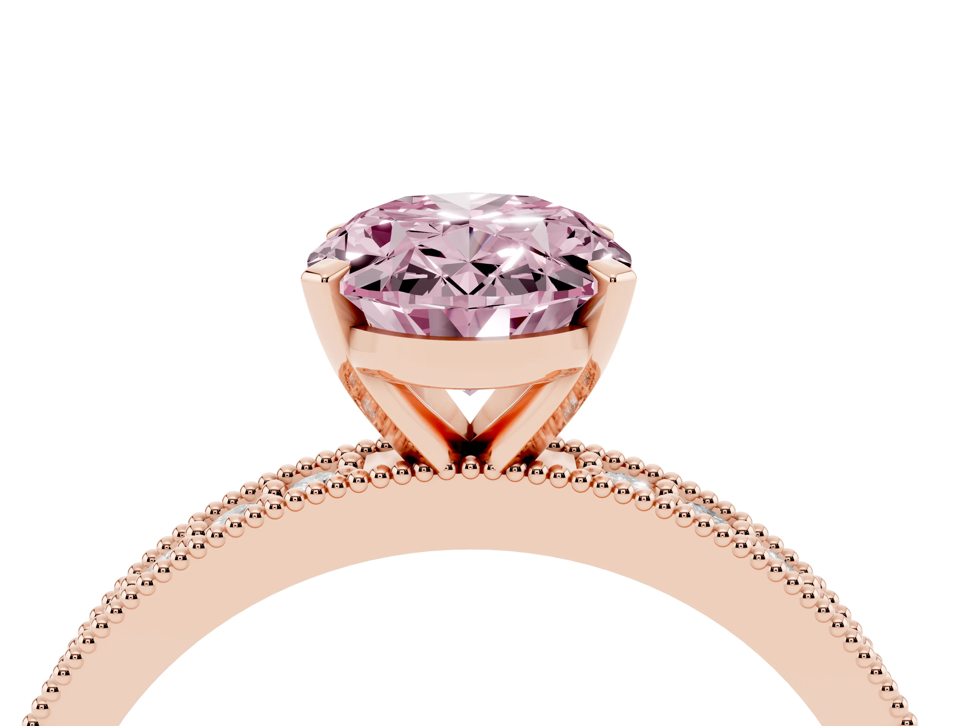Fancy Pink Oval Cut Diamond Milgrain Pavé Engagement Ring Set in Rose gold with Prong Setting