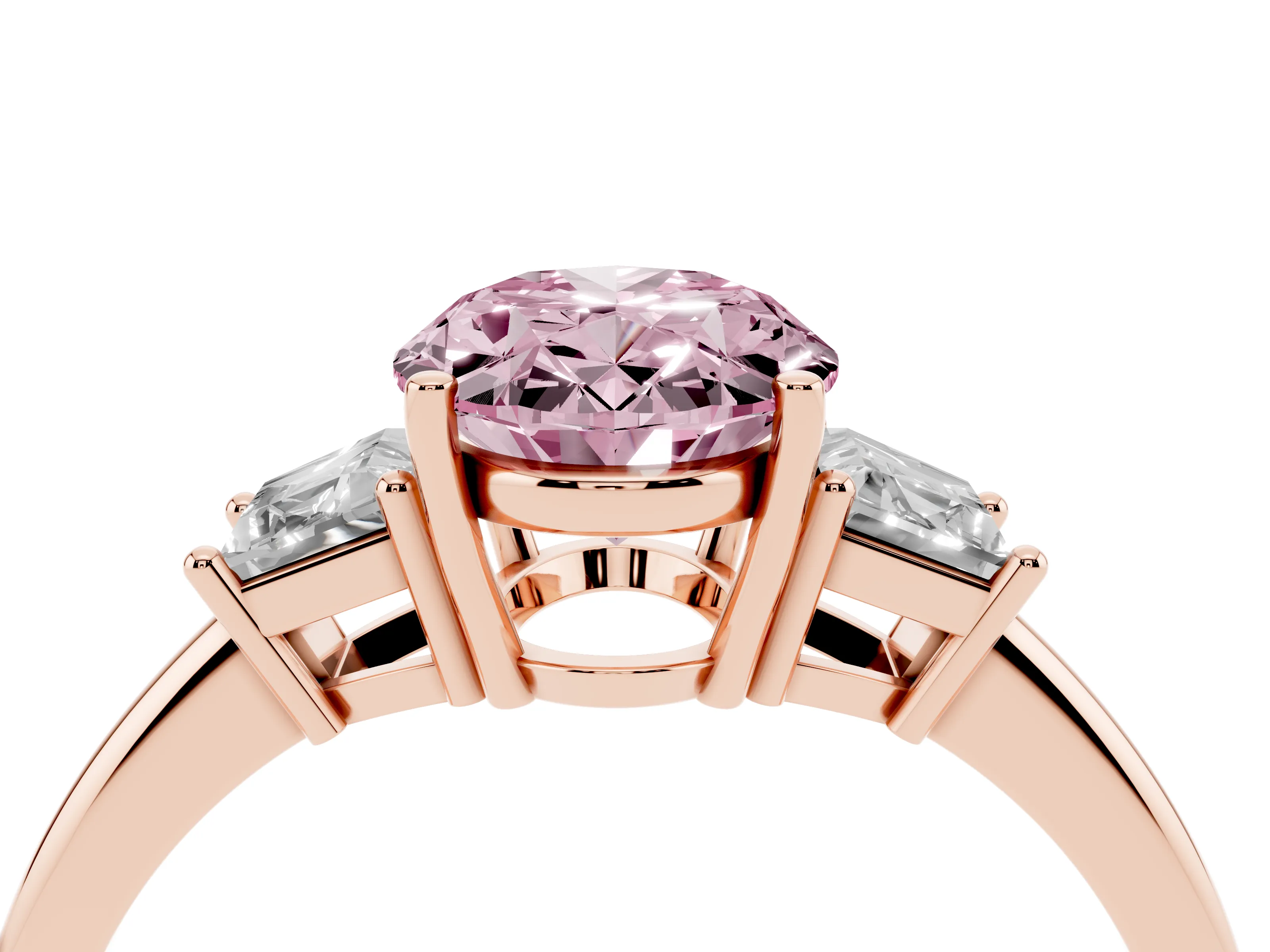 Fancy Pink Oval Cut Diamond Three-Stone Ring Set in Rose gold with Trapezoid Side Stones and Prong Setting