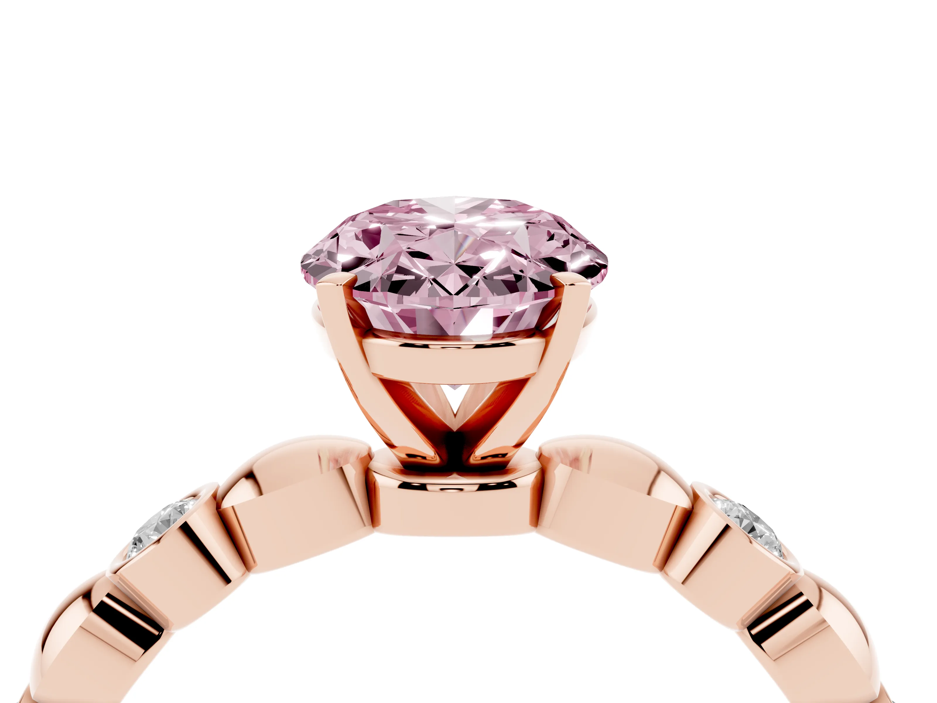 Fancy Pink Oval Cut Diamond Solitaire Ring Set in Rose gold with Bezel-Set Accents on Beaded Band and Prong Setting