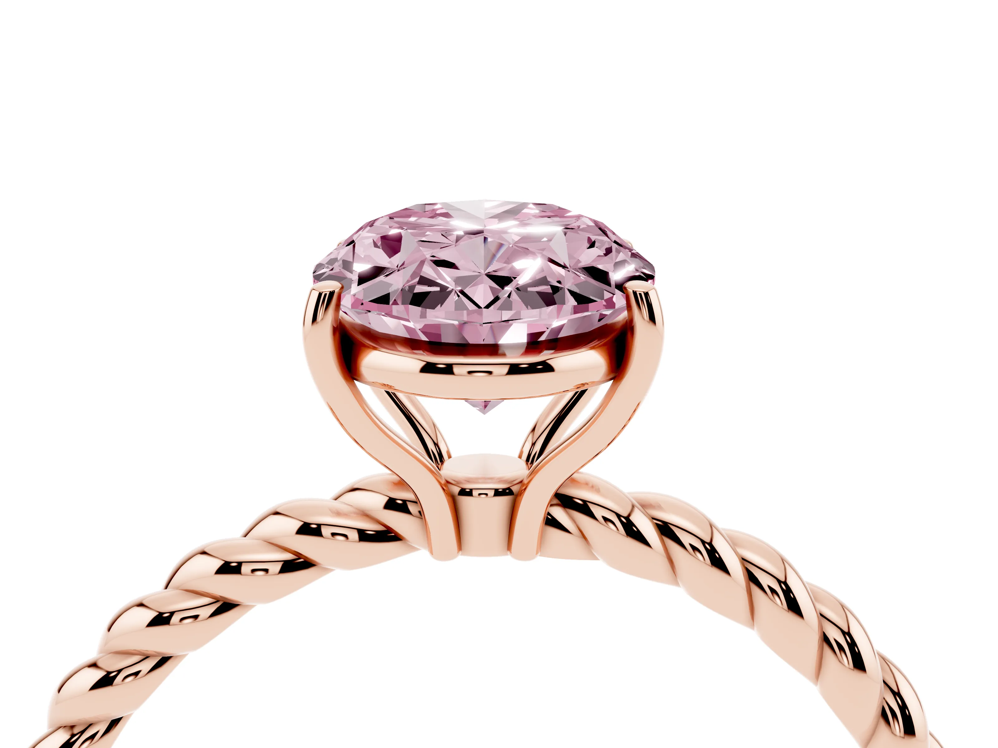 Fancy Pink Oval Cut Diamond Solitaire Twisted Band Ring Set in Rose gold with Prong Solitaire Setting
