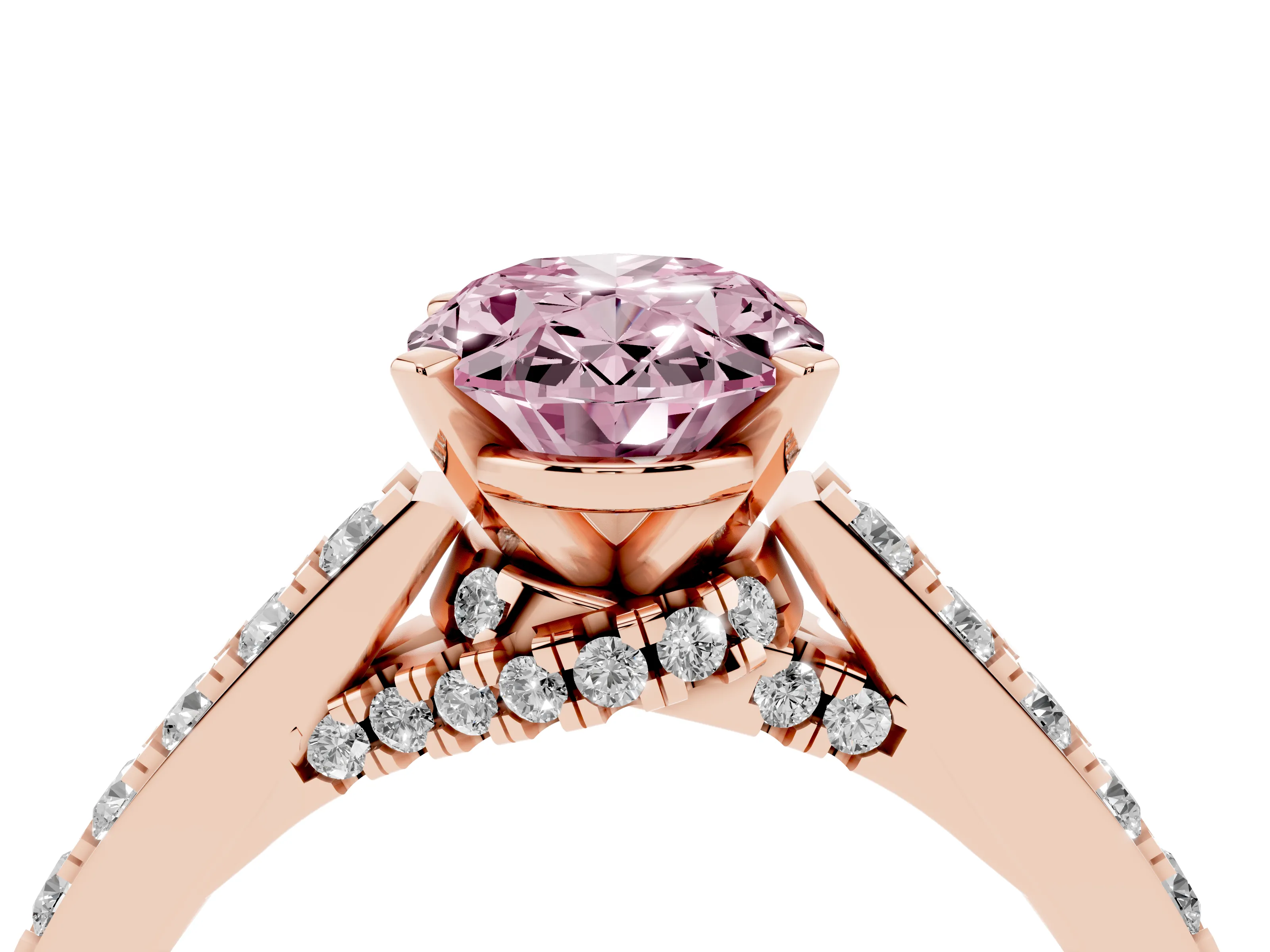 Fancy Pink Oval Cut Diamond Solitaire Ring Set in Rose gold with Crossover Gallery and Round Pavé Band