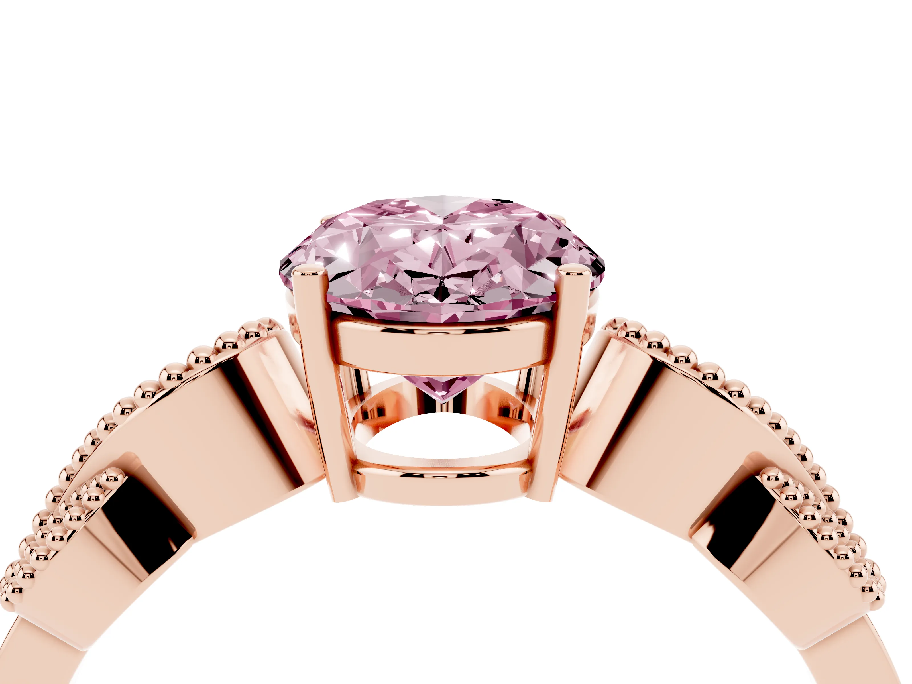Fancy Pink Oval Cut Diamond Milgrain Leaf Band Solitaire Ring Set in Rose gold with Accent Stones and Prong Setting