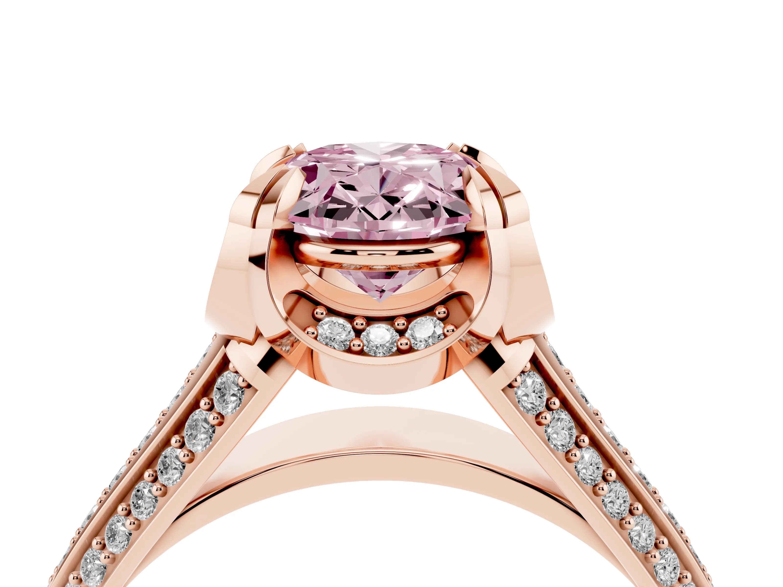Fancy Pink Oval Cut Diamond Pavé Split Shank Solitaire Ring Set in Rose gold with Prong Setting