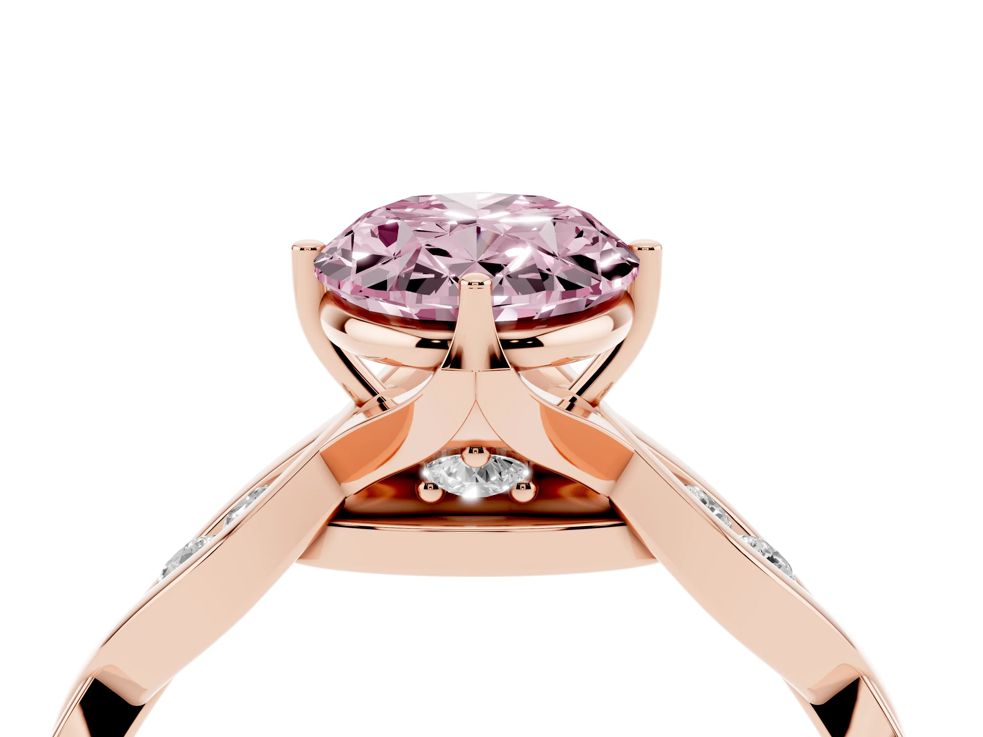 Fancy Pink Oval Cut Diamond Twist Band Solitaire Ring Set in Rose gold with Leaf Prong Setting and Accent Stones