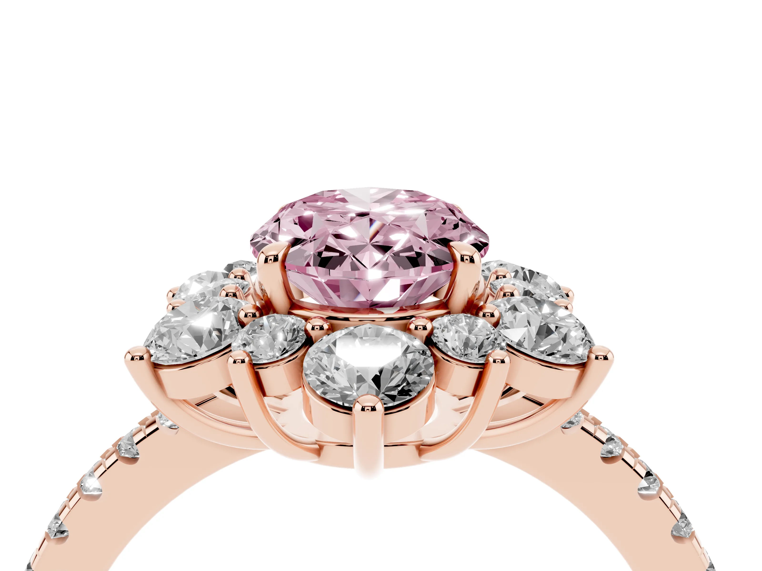 Fancy Pink Oval Cut Diamond Floral Halo Ring Set in Rose gold with Round Pavé Band and Prong Setting