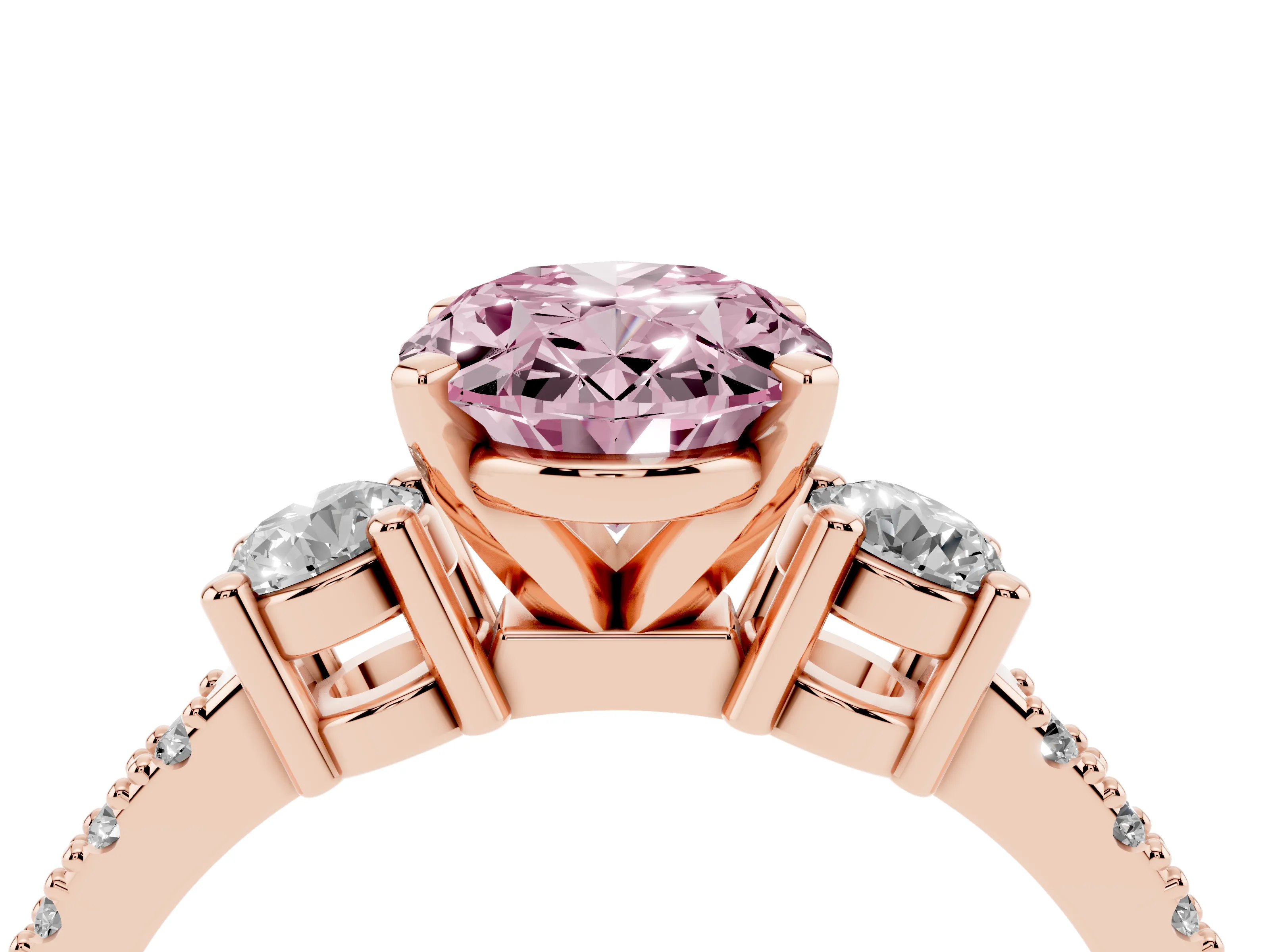 Fancy Pink Three-Stone Oval Cut Diamond Pavé Band Ring Set in Rose gold with Prong Setting