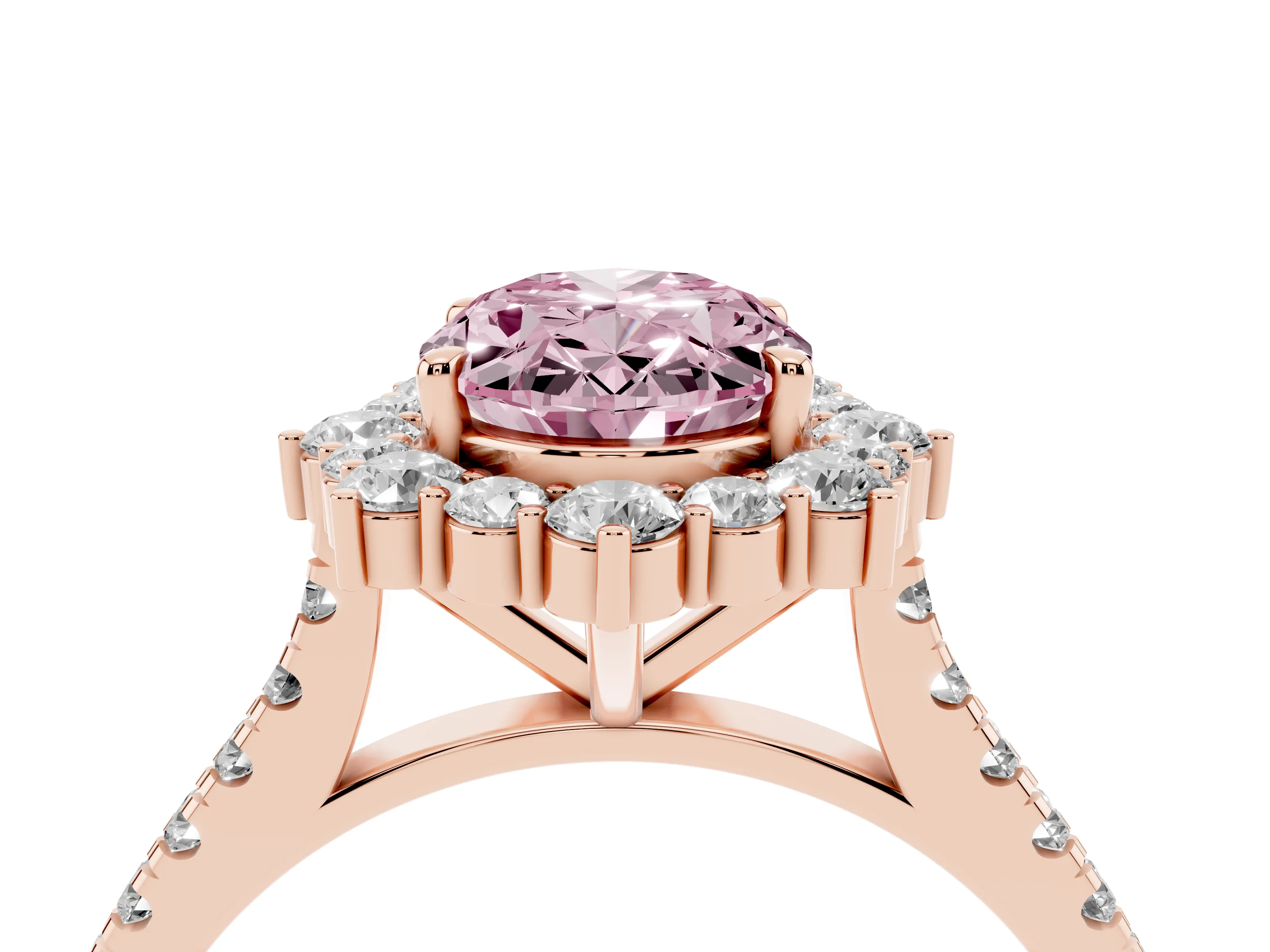 Fancy Pink Oval Cut Diamond Halo Ring Set in Rose gold with Pavé Band and Prong Setting