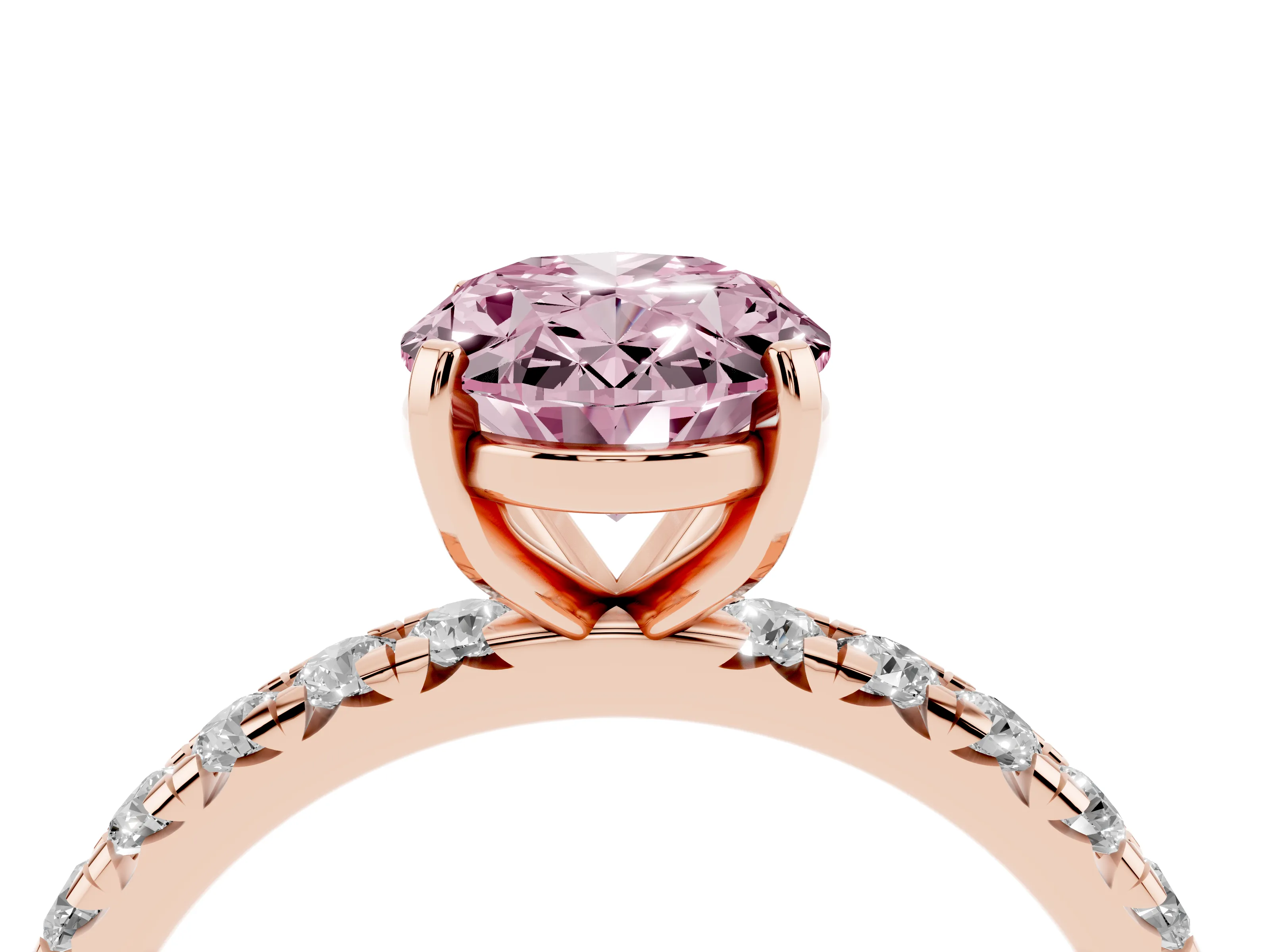 Fancy Pink Oval Cut Diamond Pavé Solitaire Ring Set in Rose gold with Round Band and Prong Setting