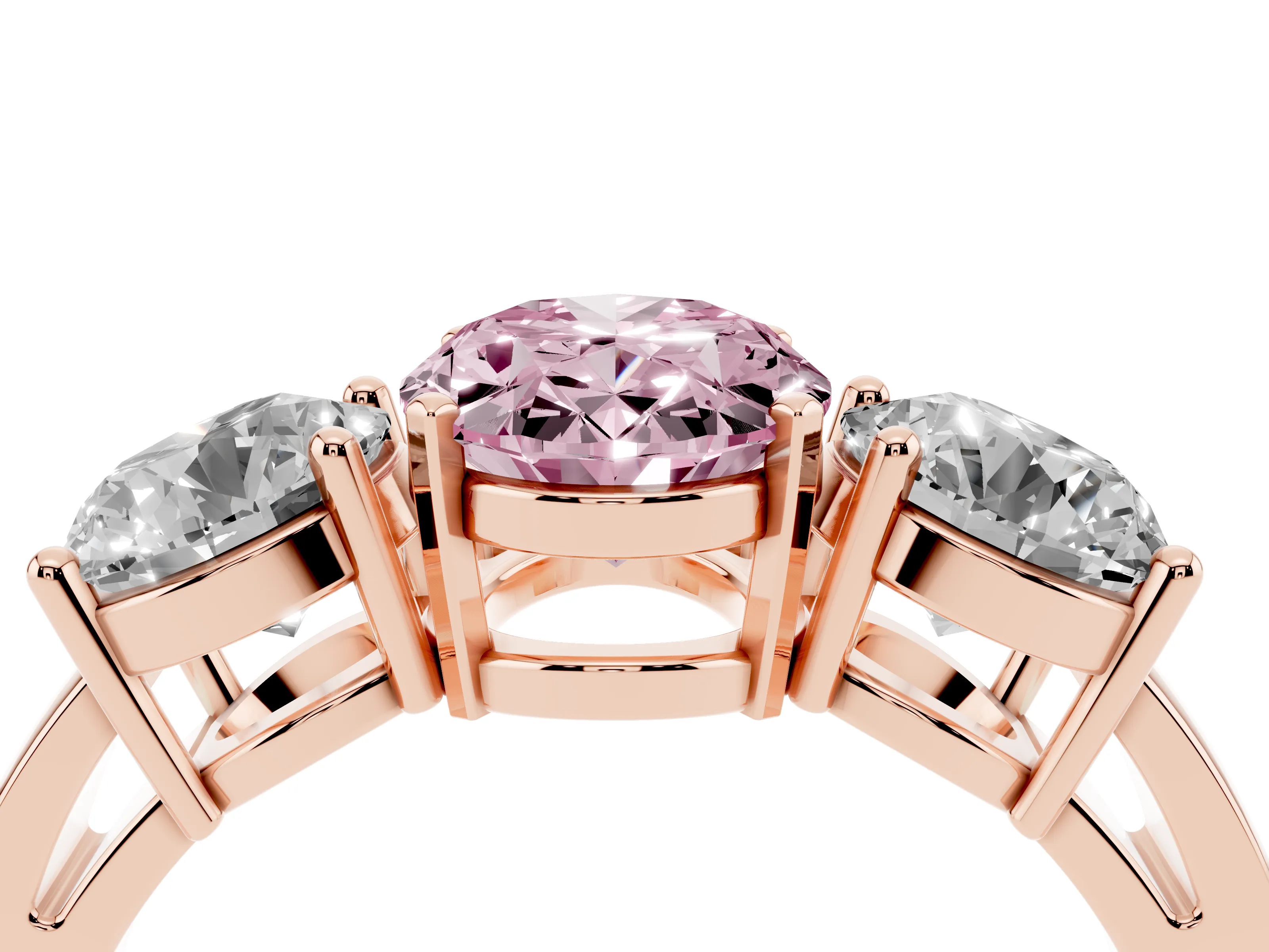 Oval Three Stone Engagement Ring Setting for a Fancy Pink Lab-Grown Diamond | Wide Plain Band | Rose Gold