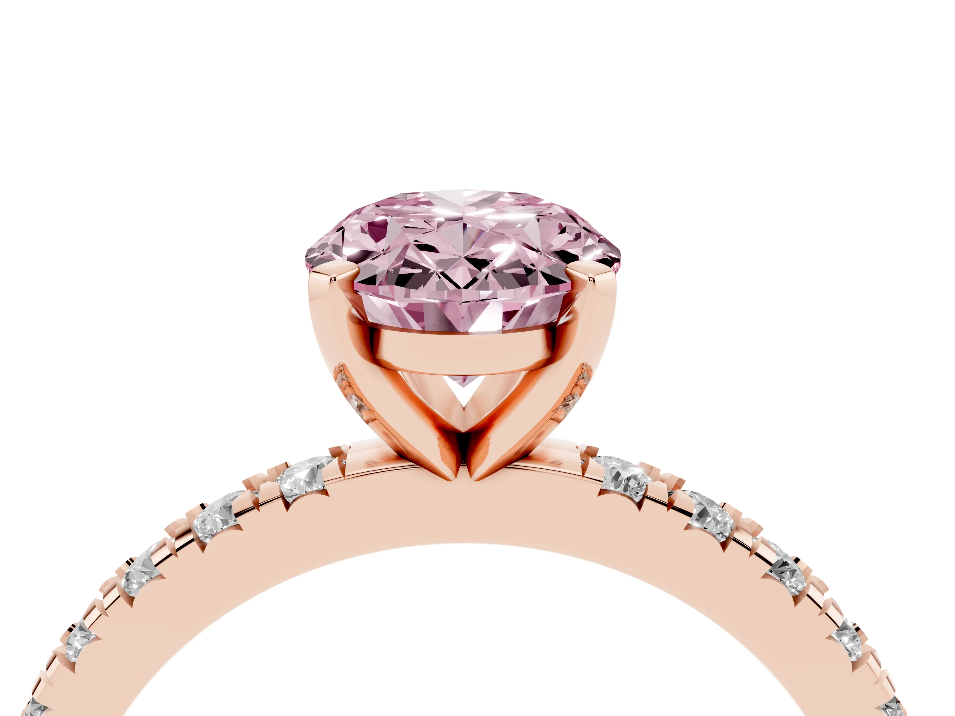 Fancy Pink Oval Cut Diamond Pavé Band Solitaire Set in Rose gold with Prong Setting