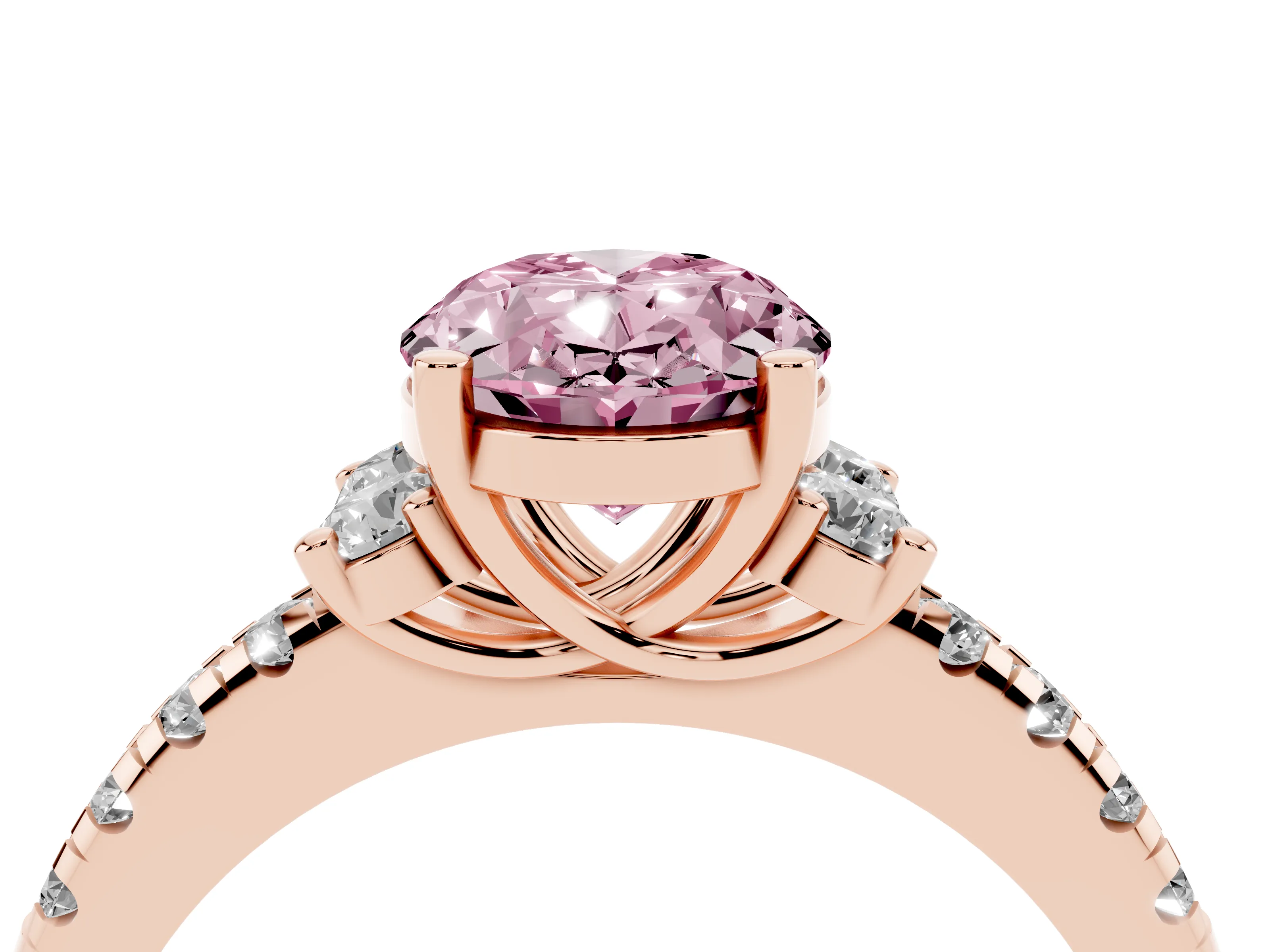 Fancy Pink Oval Cut Diamond Three-Stone Pavé Ring Set in Rose gold with Prong Setting