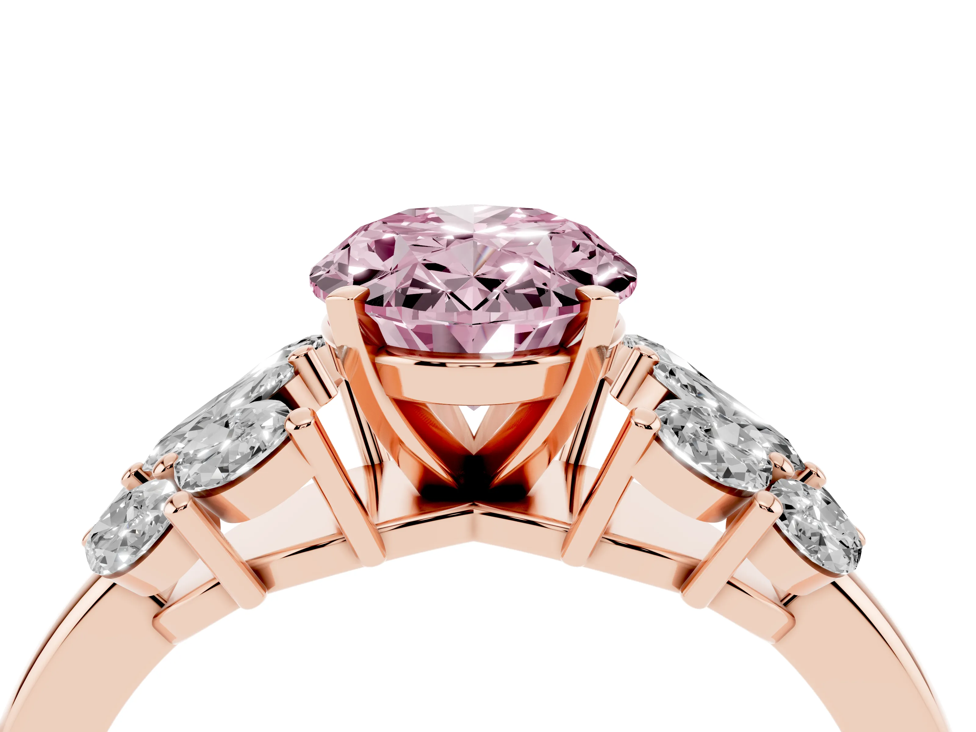 Fancy Pink Oval Cut Diamond Cluster Leaf Design Ring Set in Rose gold with Prong Setting