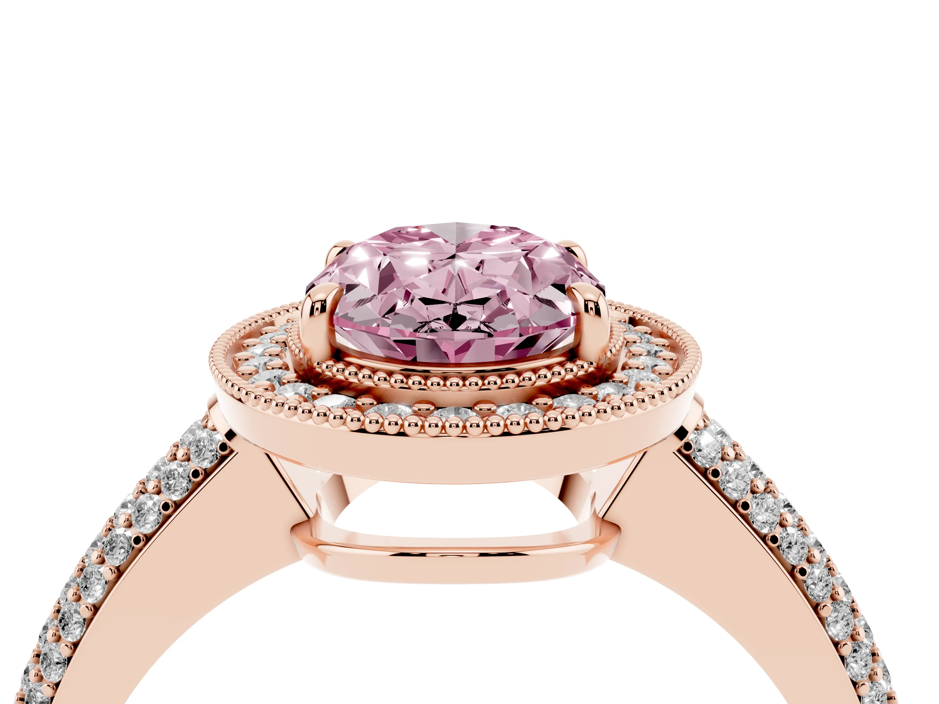 Fancy Pink Oval Cut Diamond Halo Pavé Band Set in Rose gold with Prong Setting