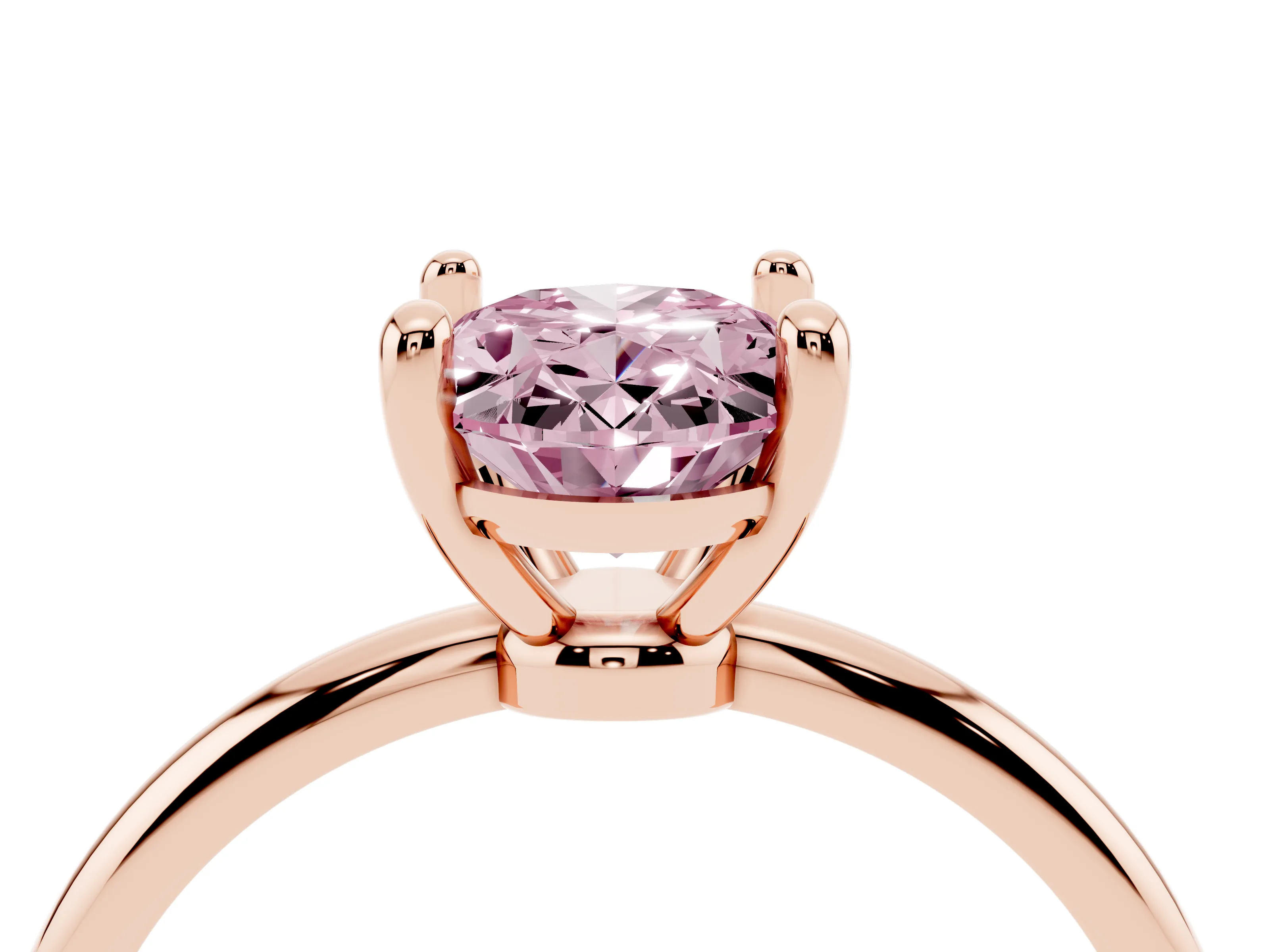 Fancy Pink Oval Cut Diamond Solitaire Ring Set in Rose gold with Secure Prong Setting on a Classic Band