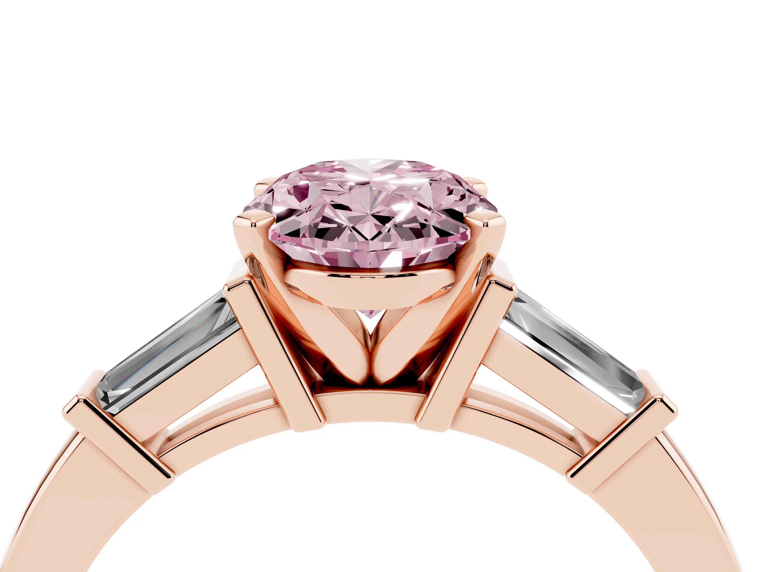 Fancy Pink Oval Cut Diamond Solitaire Ring Set in Rose gold with Tapered Baguette Accents and Prong Setting