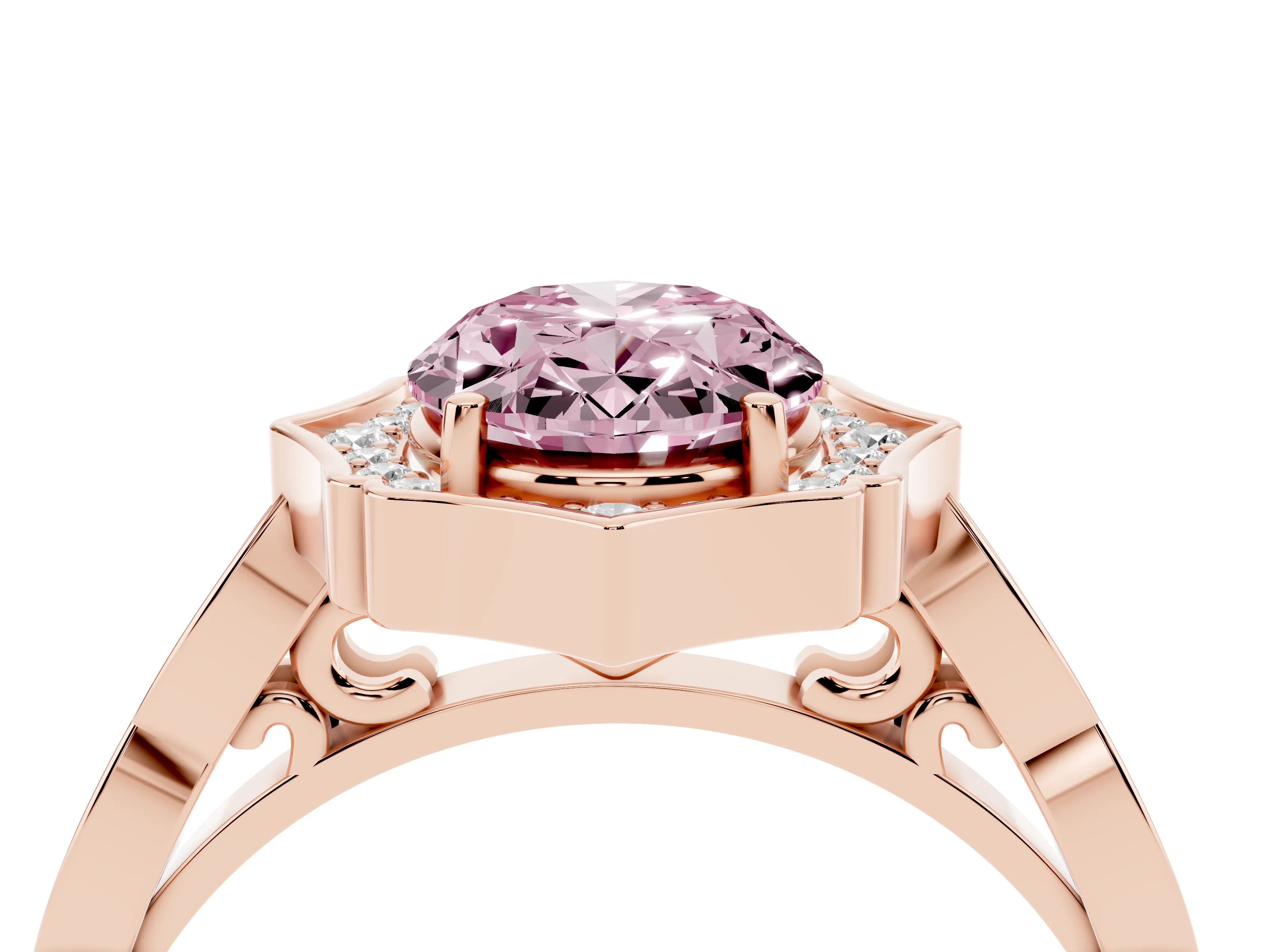 Fancy Pink Oval Cut Diamond Halo Engagement Ring Set in Rose gold with Milgrain Band and Prong Setting