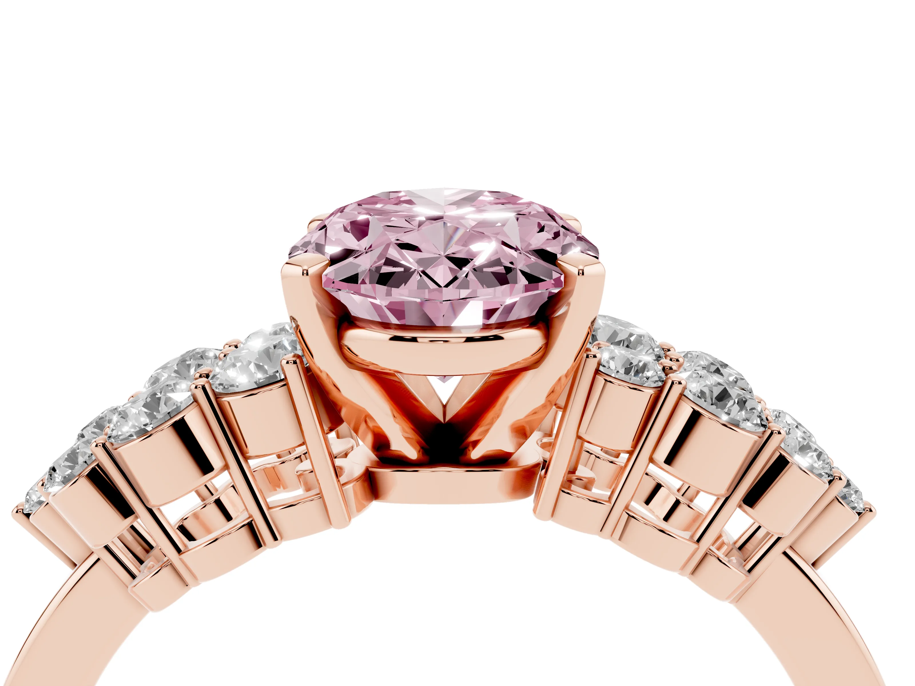 Fancy Pink Oval Cut Diamond Cluster Engagement Ring Set in Rose gold with Pavé Band and Prong Setting