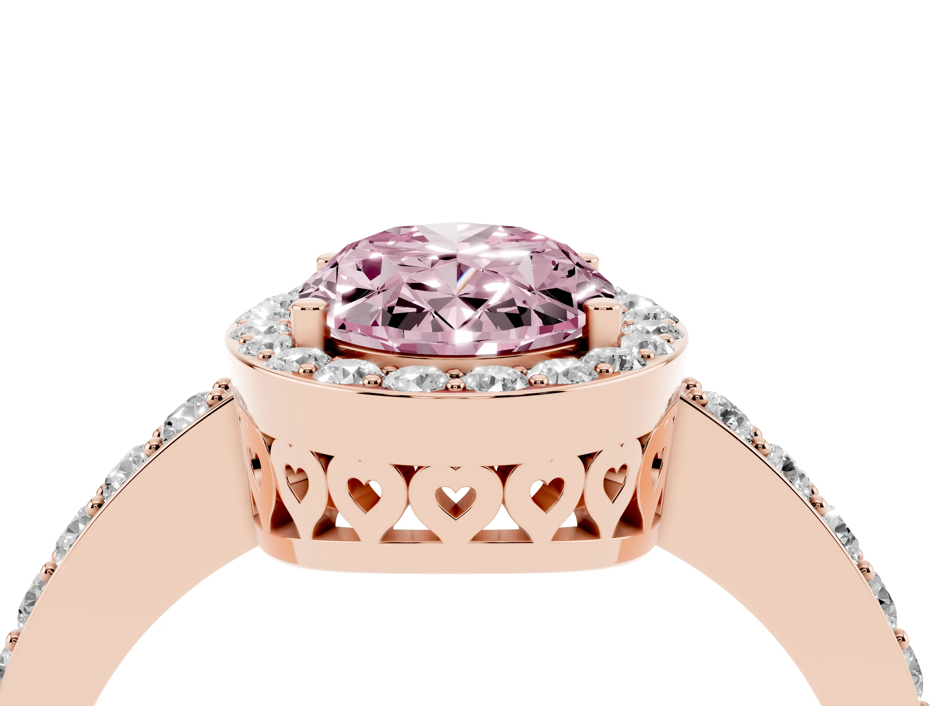 Fancy Pink Oval Cut Diamond Halo Ring Set in Rose gold with Pavé-Setting Band and Open Prong Center