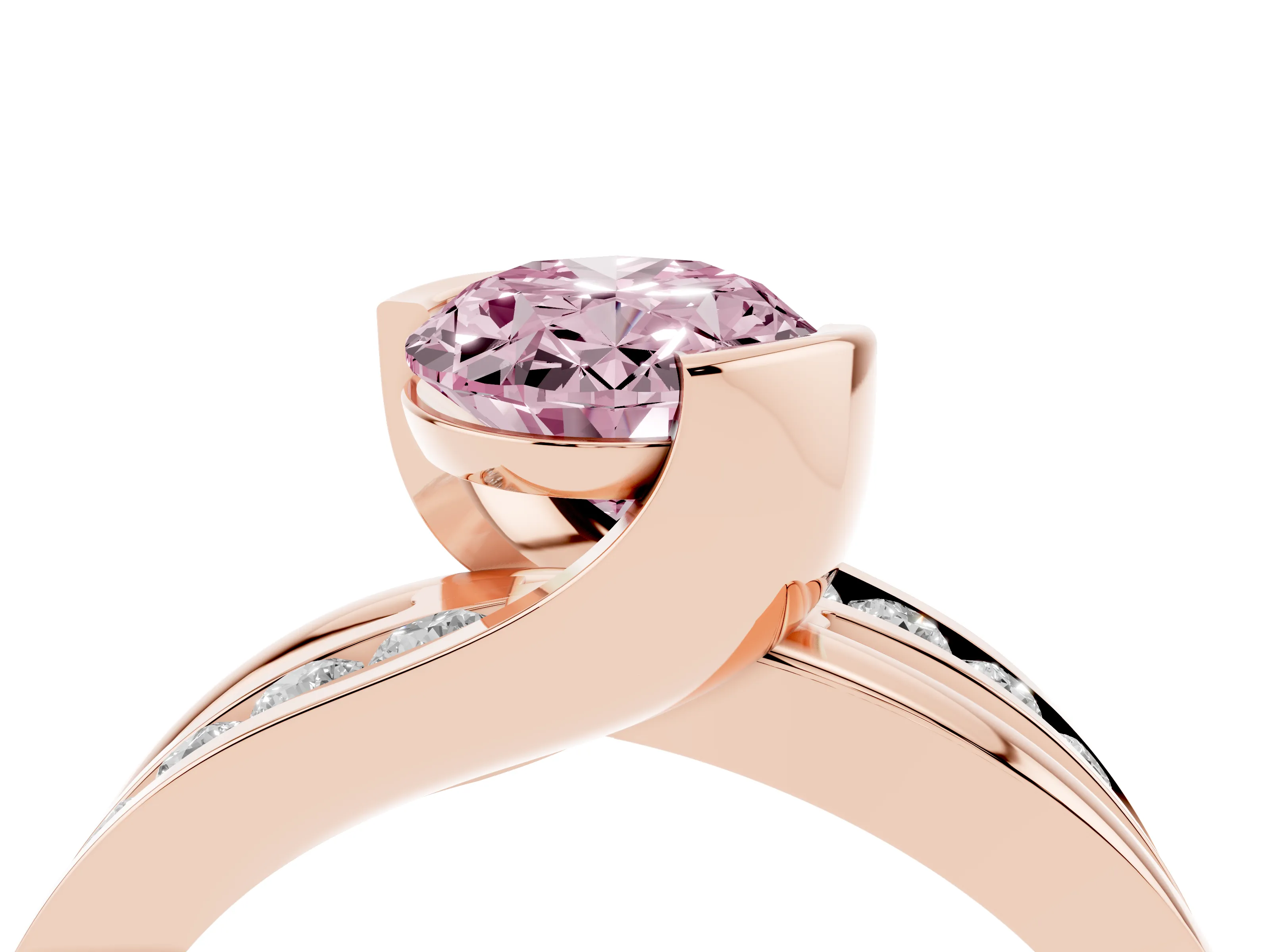 Fancy Pink Oval Cut Diamond Solitaire Ring Set in Rose gold with Channel Set Split Shank and Tension Prongs