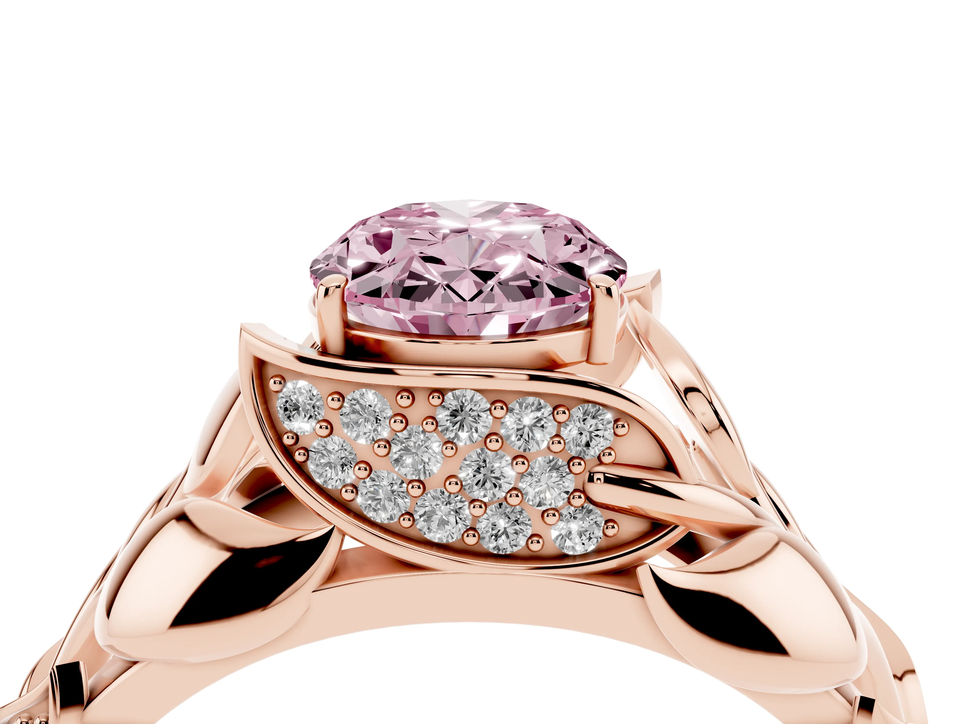 Fancy Pink Oval Cut Diamond Leaf-Inspired Engagement Ring Set in Rose gold with Round Accents