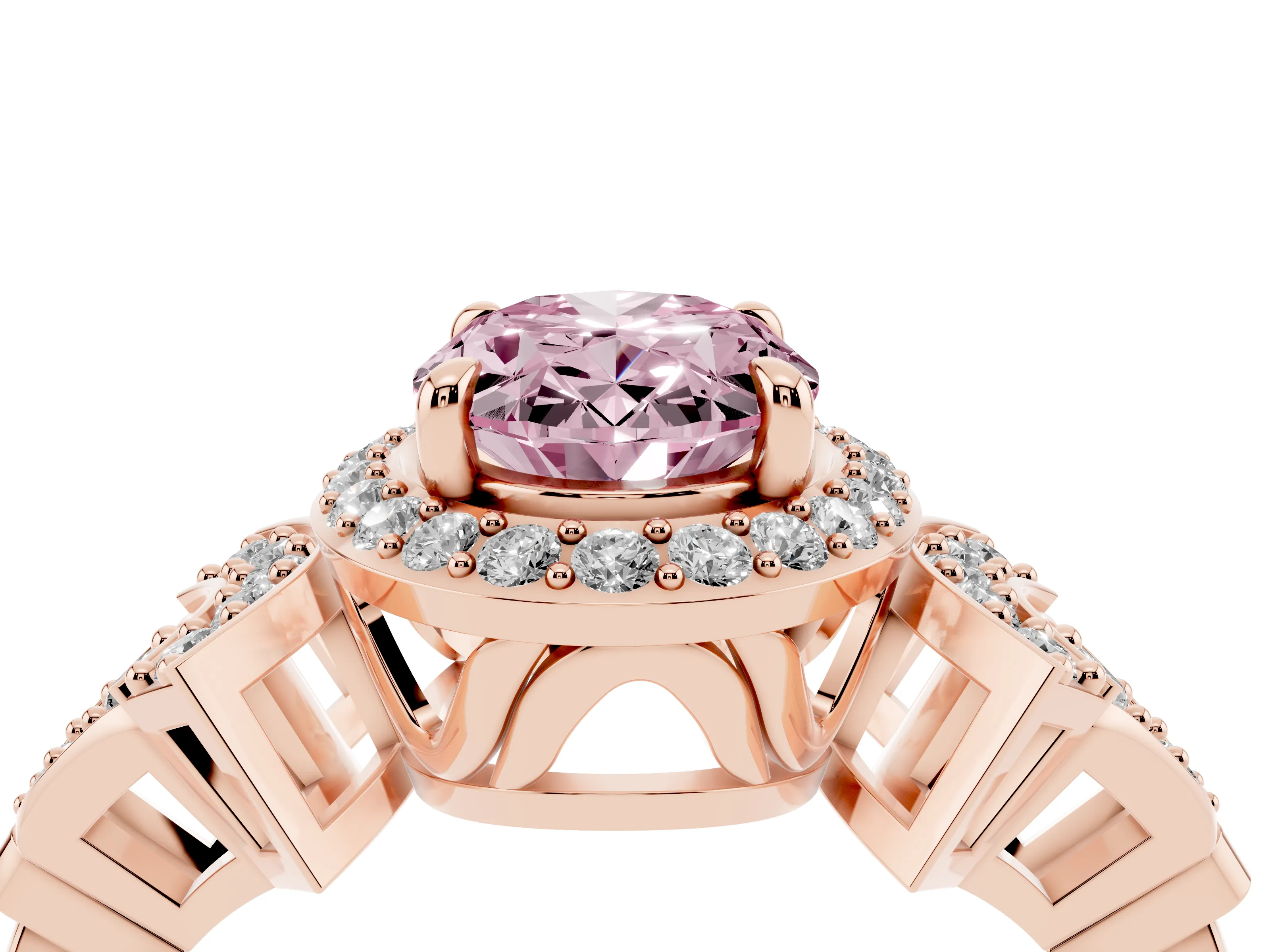 Fancy Pink Oval Cut Diamond Halo Engagement Ring Set in Rose gold with Accent Stone Split Shank