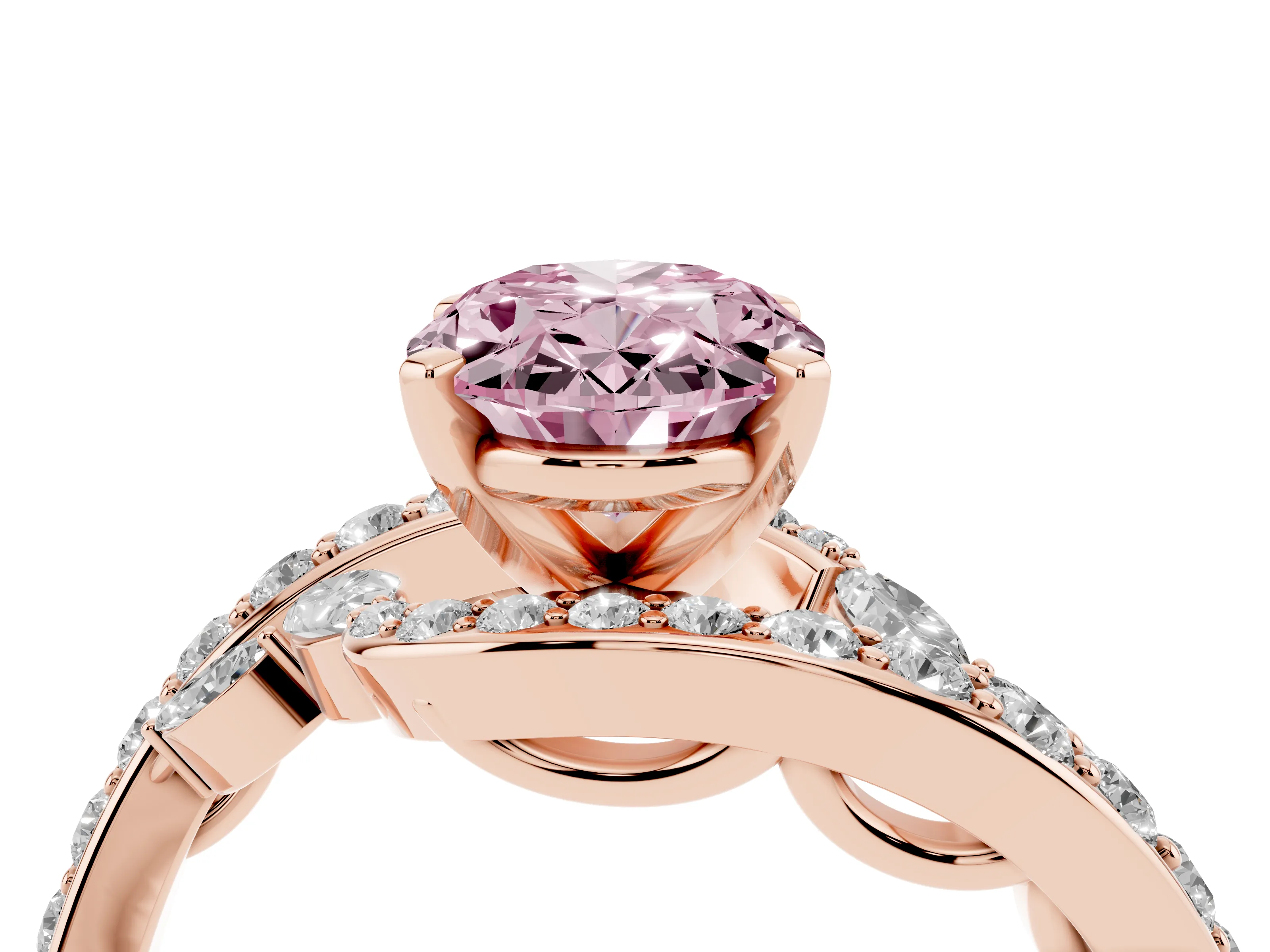 Fancy Pink Oval Cut Diamond Solitaire Ring Set in Rose gold with Pavé Twist Band and Secure Prong Setting