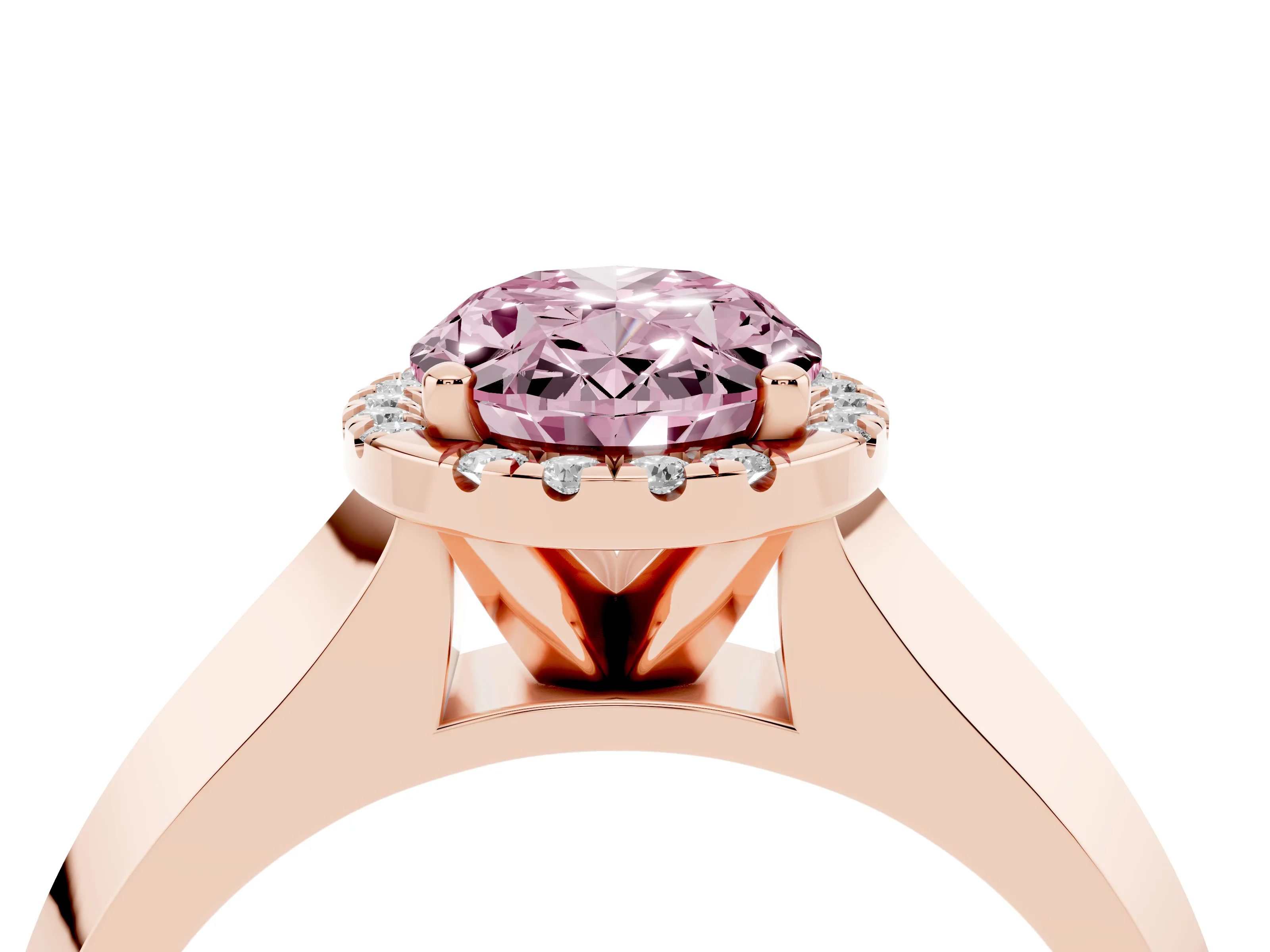Fancy Pink Oval Cut Diamond Halo Ring Set in Rose gold with Cathedral Band and Prong Setting