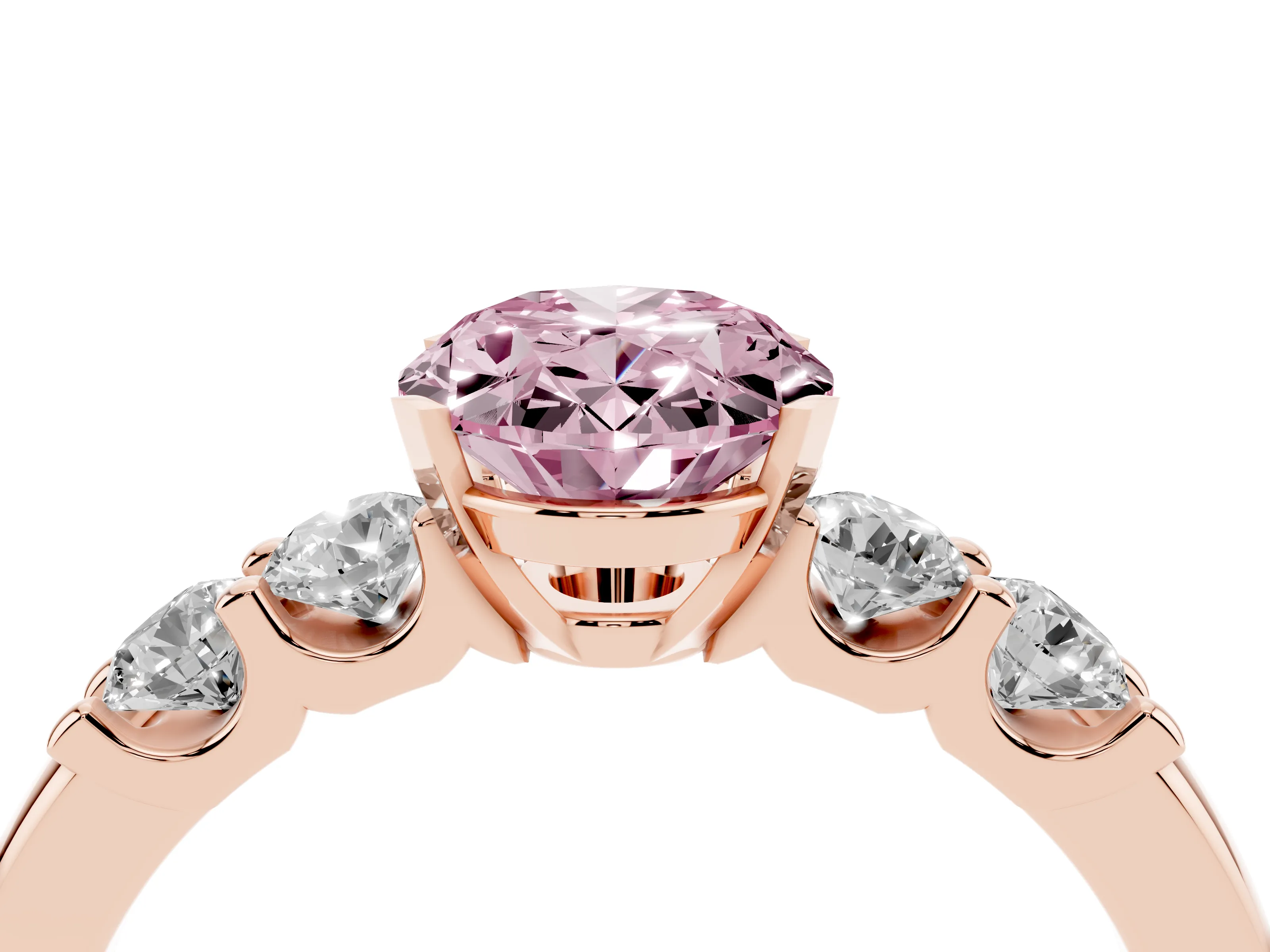 Fancy Pink Oval Cut Diamond Five-Stone Prong Set Engagement Ring Set in Rose gold with Channel Band