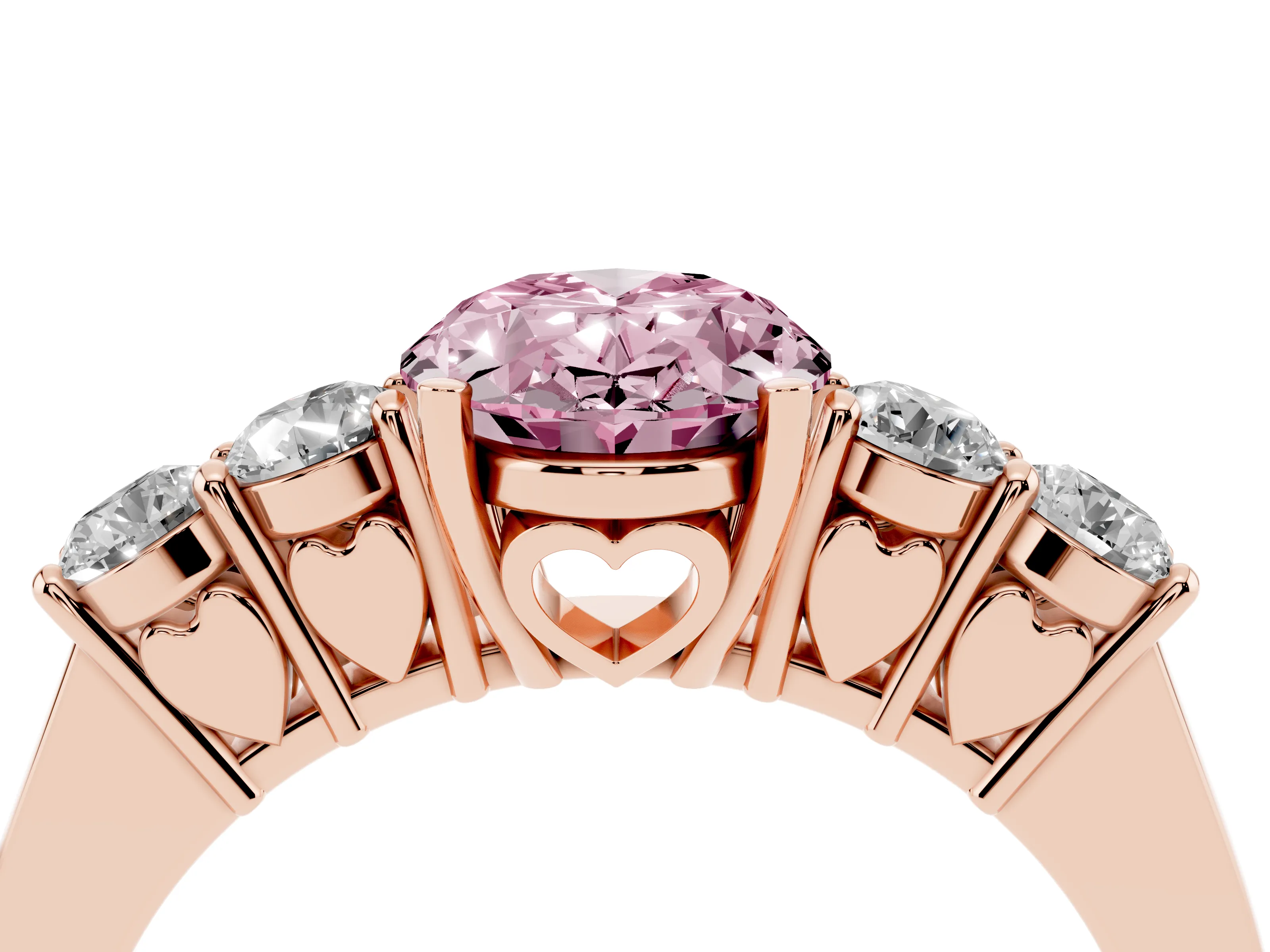 Fancy Pink Oval Cut Diamond Five-Stone Prong Set Band Ring Set in Rose gold with Polished Band