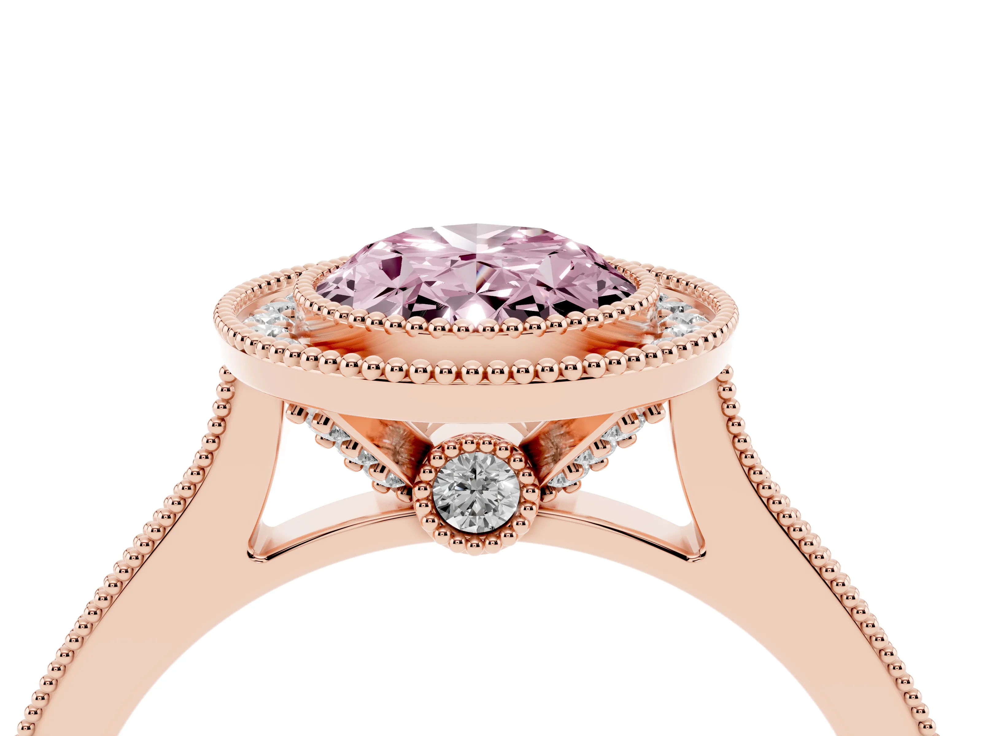 Fancy Pink Oval Cut Diamond Halo Milgrain Pavé Band Ring Set in Rose gold with Prong Setting