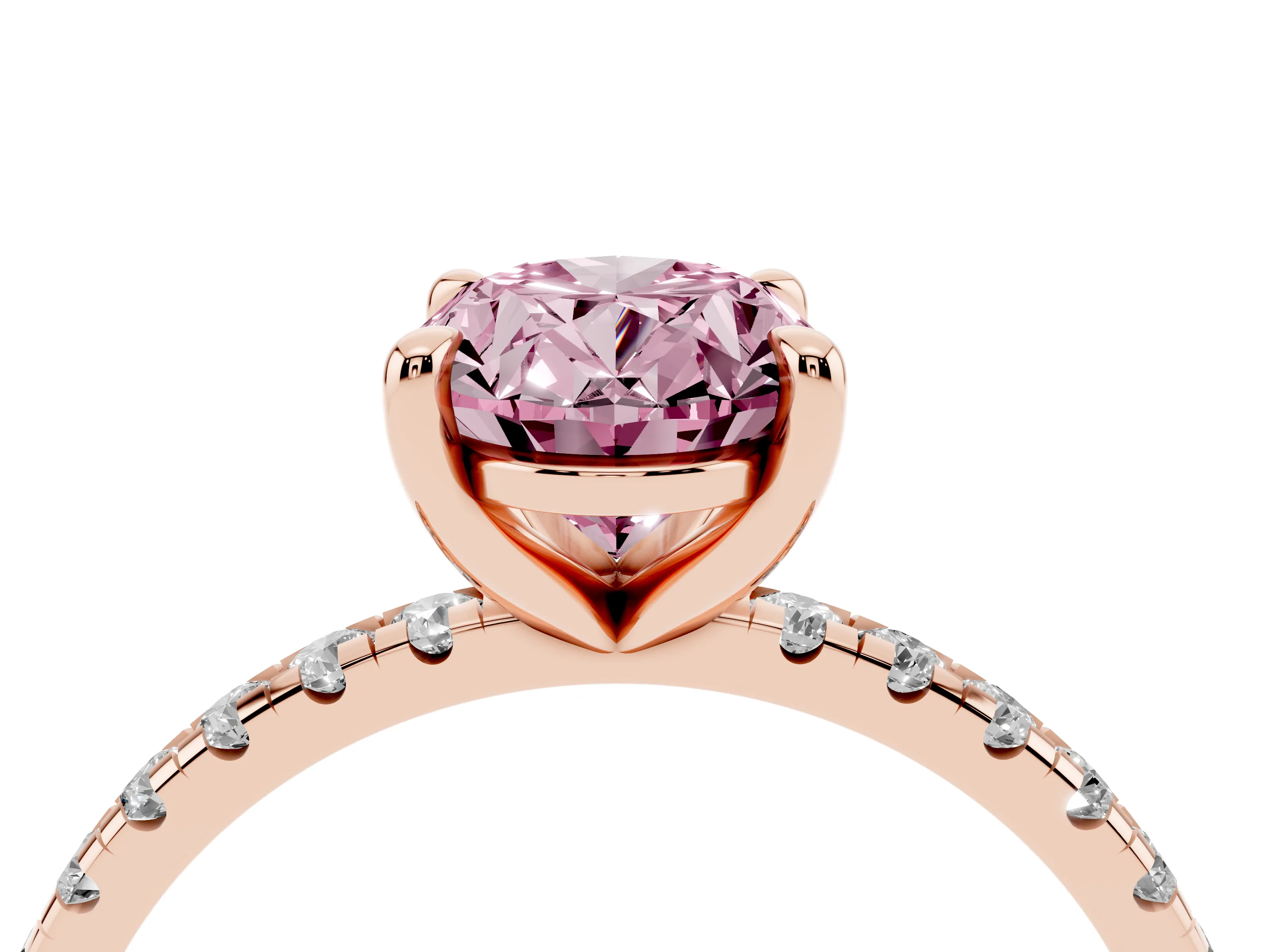 Fancy Pink Oval Cut Diamond Brilliant Solitaire Ring Set in Rose gold with Pavé Band and Prong Setting