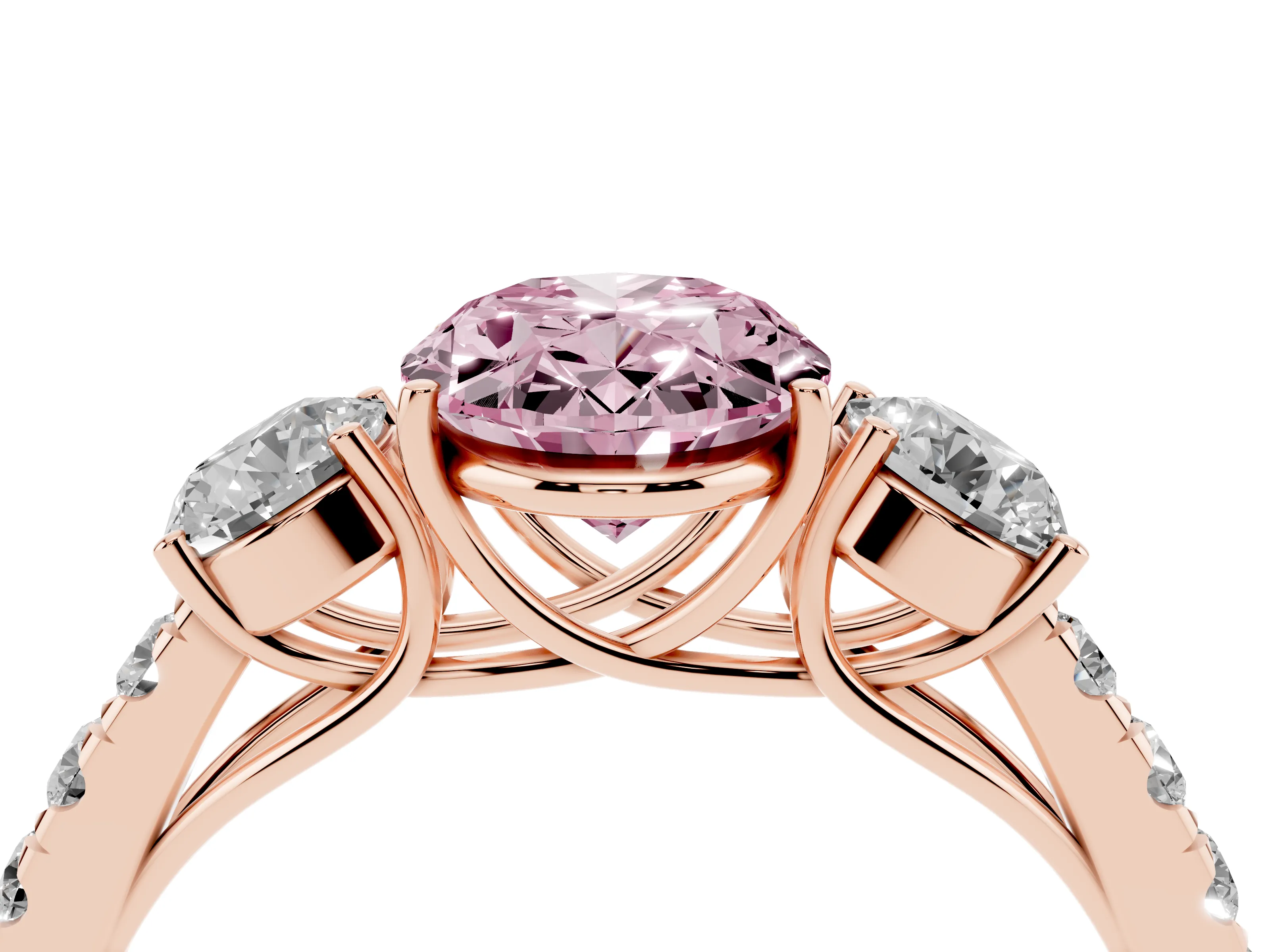Fancy Pink Oval Cut Diamond Three-Stone Ring Set in Rose gold with Round Side Stones and Delicate Pavé Band