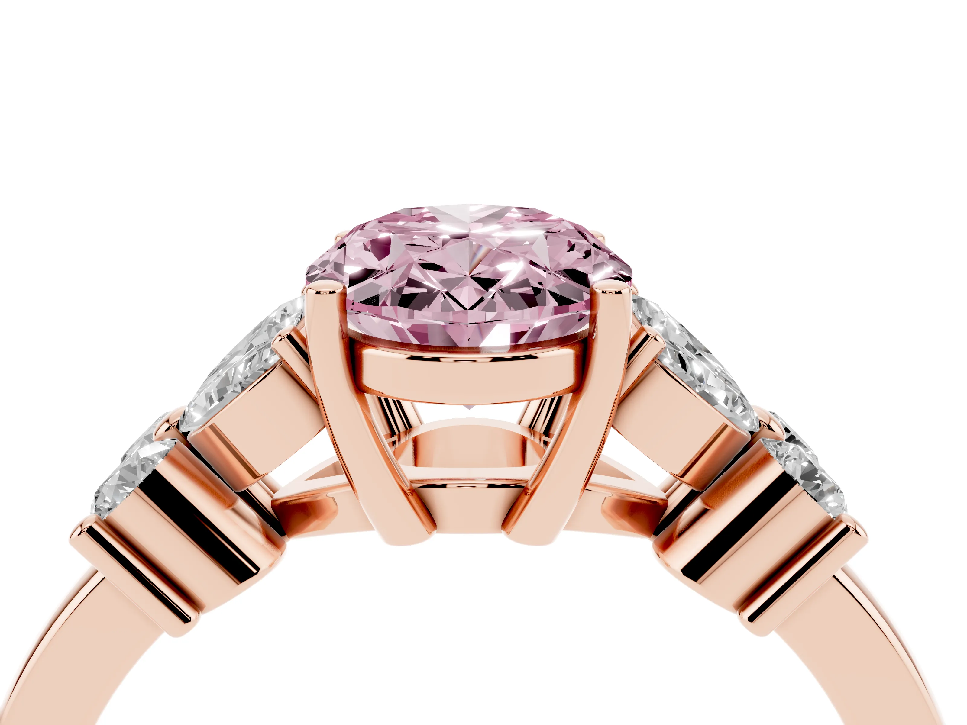 Fancy Pink Oval Cut Diamond Floral Cluster Ring Set in Rose gold with Marquise Petals and Prong Setting