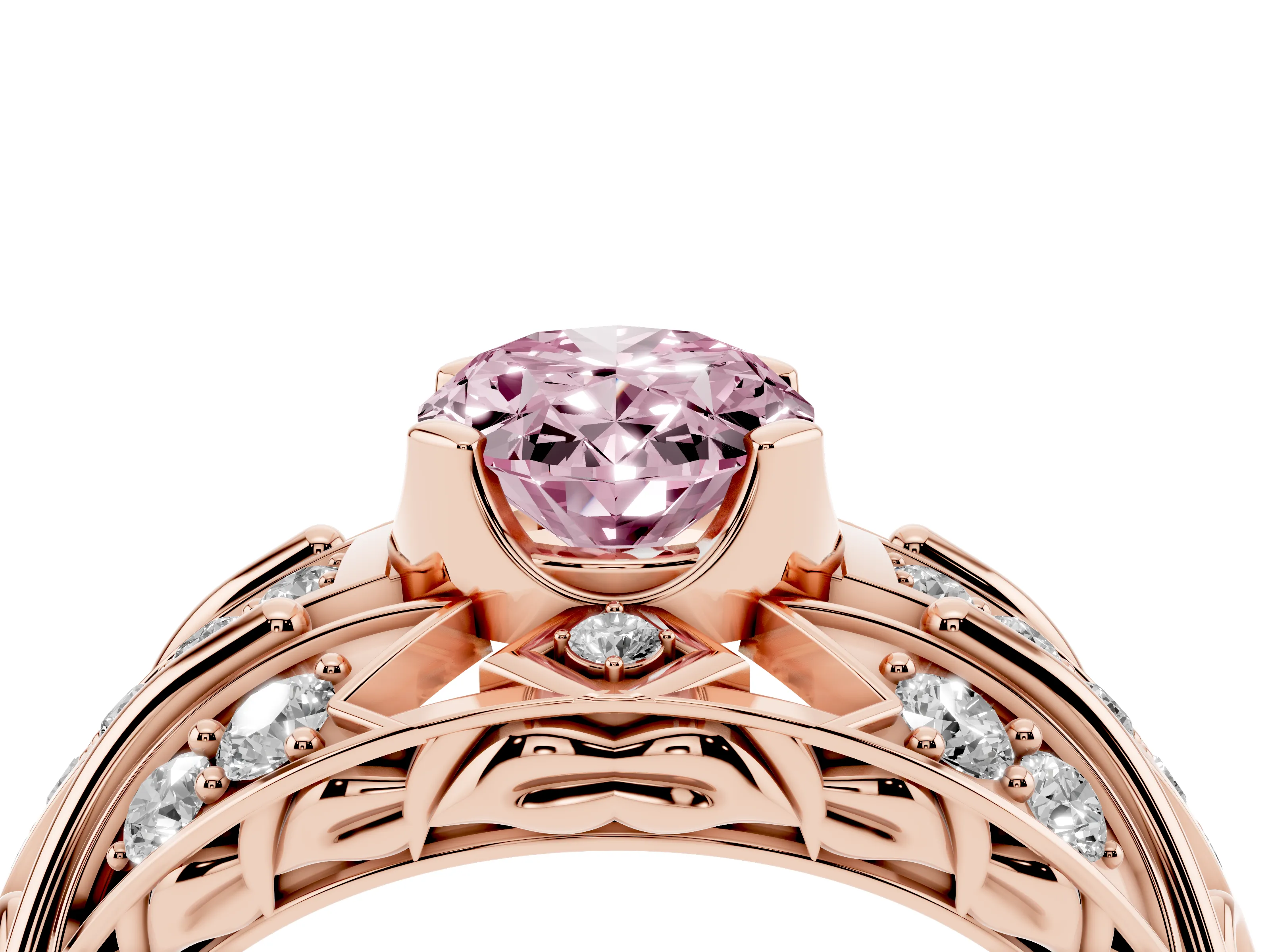 Fancy Pink Oval Cut Diamond Art Deco Ring Set in Rose gold with Pavé Split Shank